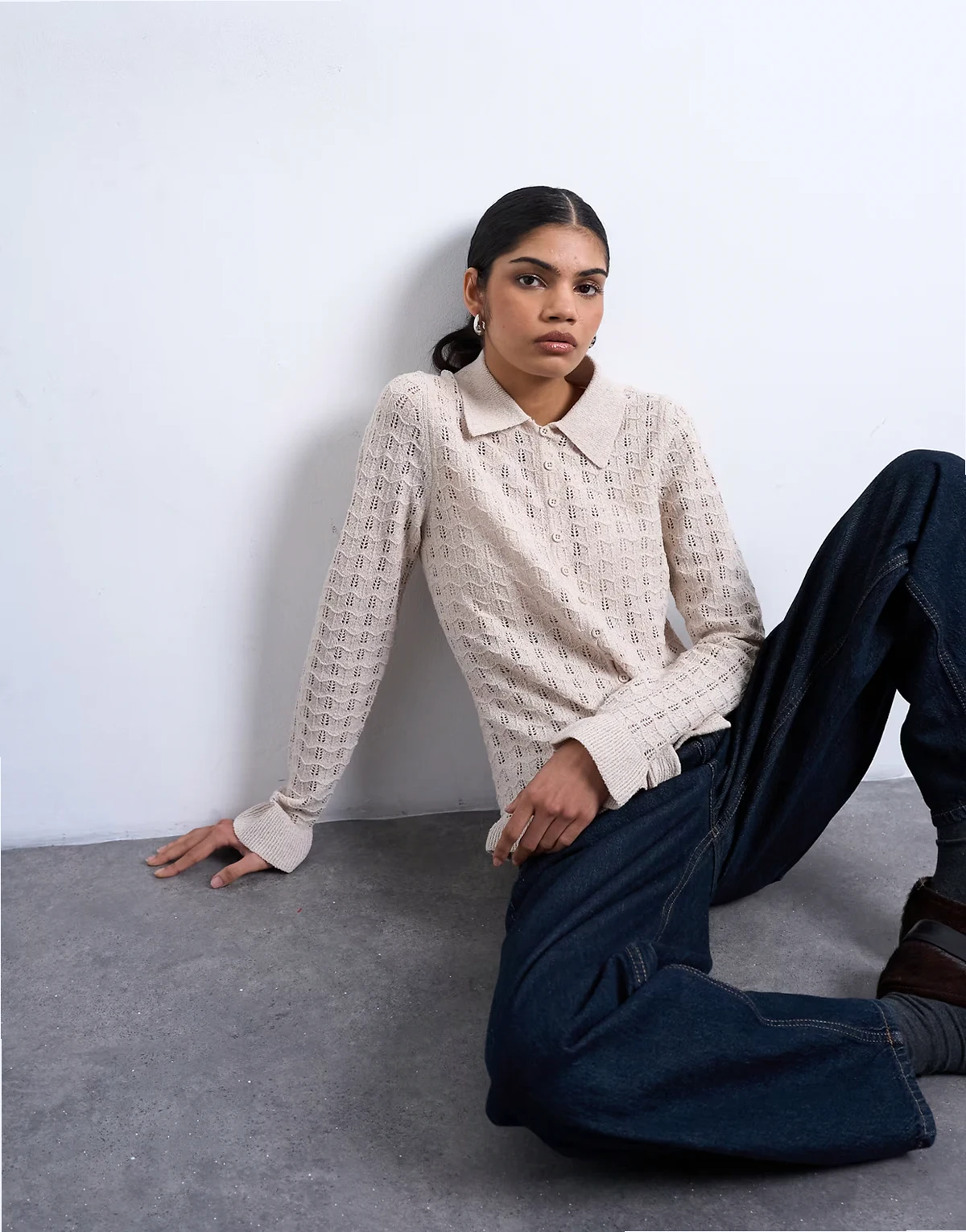 knit button up frill top in oat