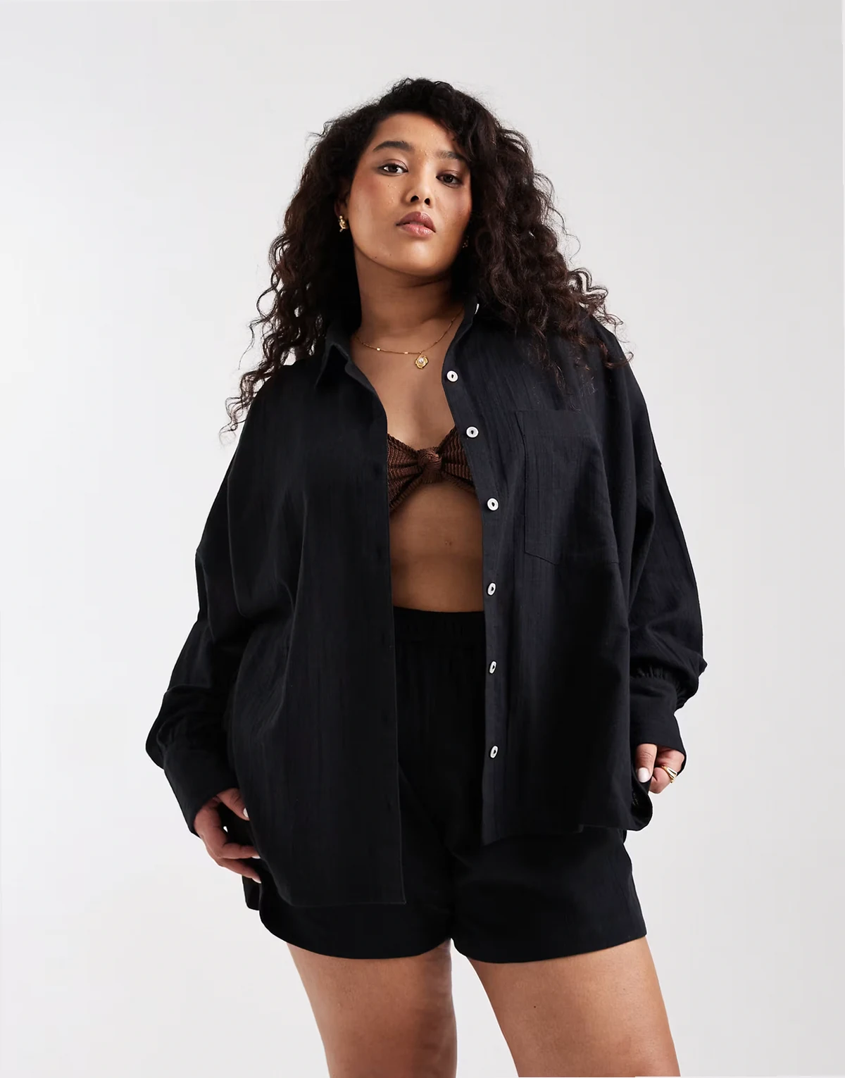 ASOS DESIGN Curve Biarritz beach textured cotton shirt in black - part of a set