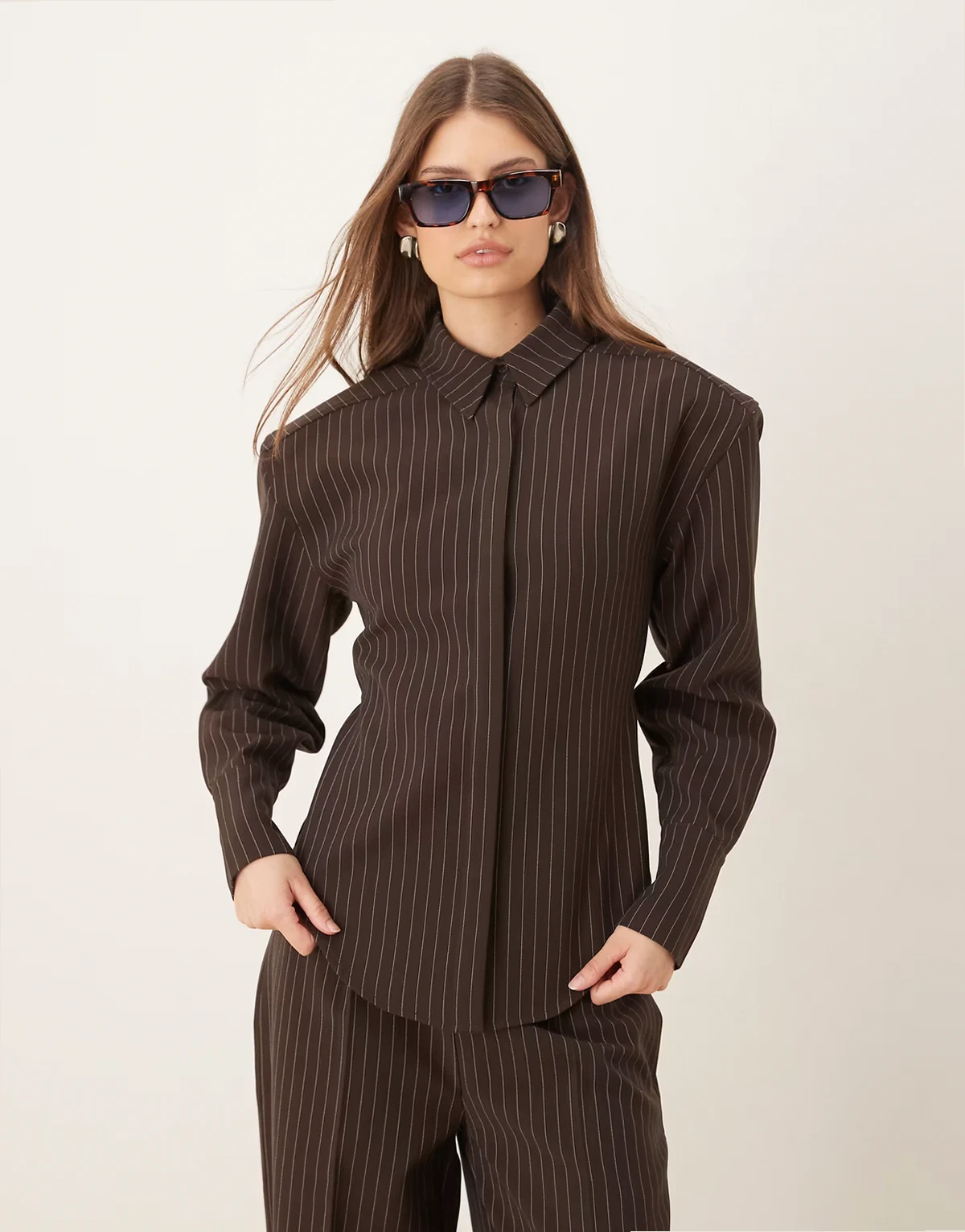 Blythe cinch detail shirt with shoulder pads in brown pinstripes - part of a set