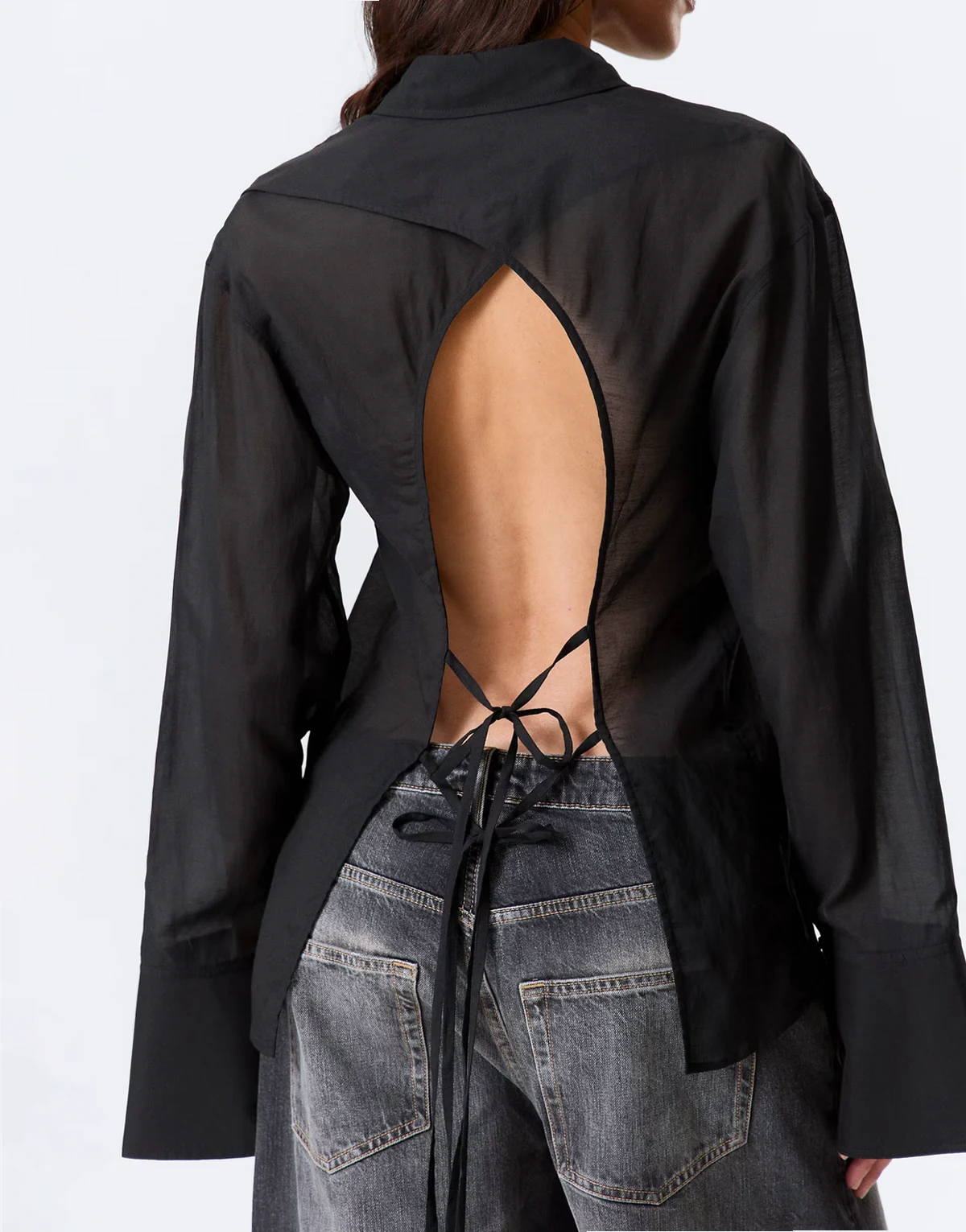 sheer long sleeve shirt with open back in black