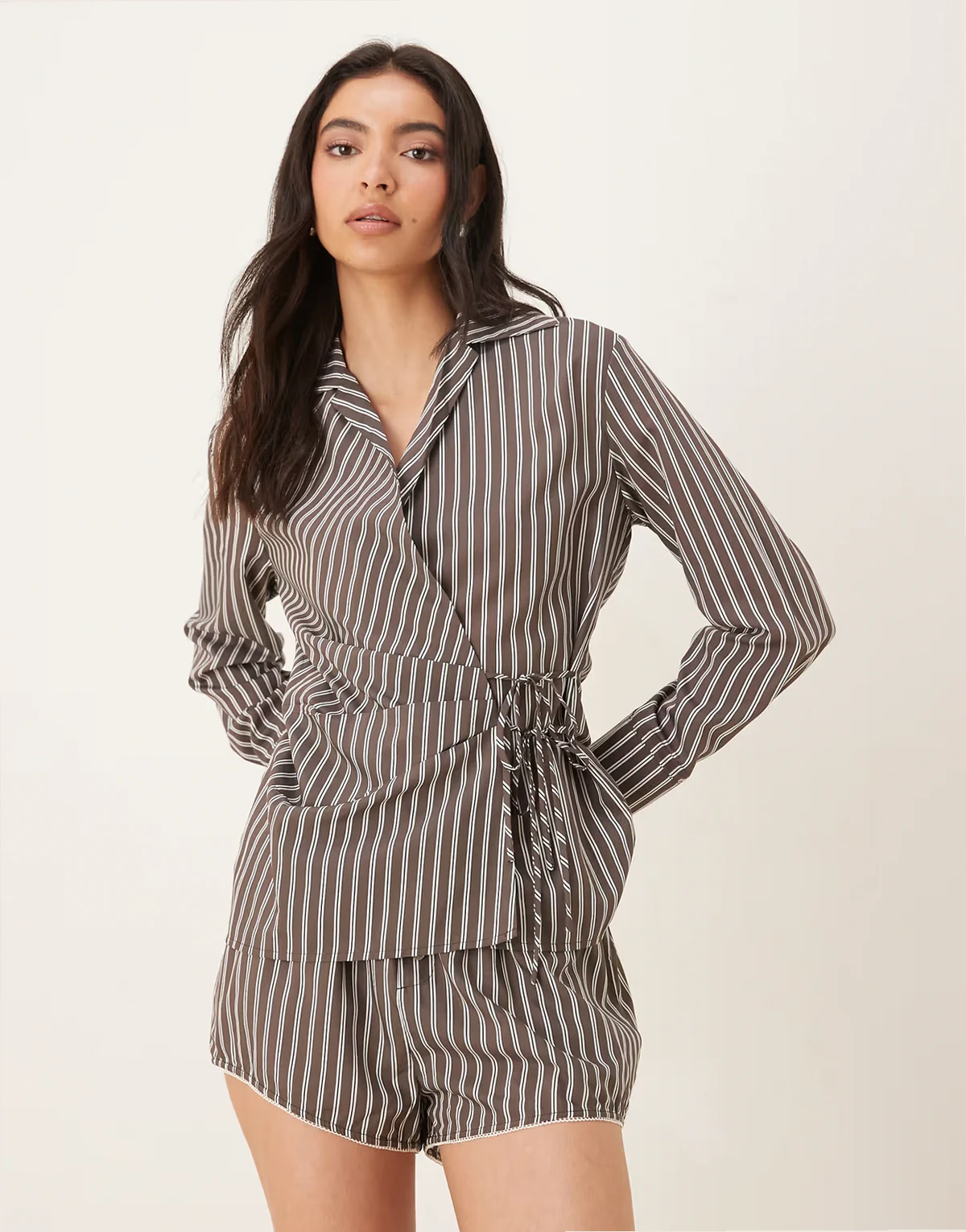 Eliska striped tie waist shirt in chambray coffee - part of a set
