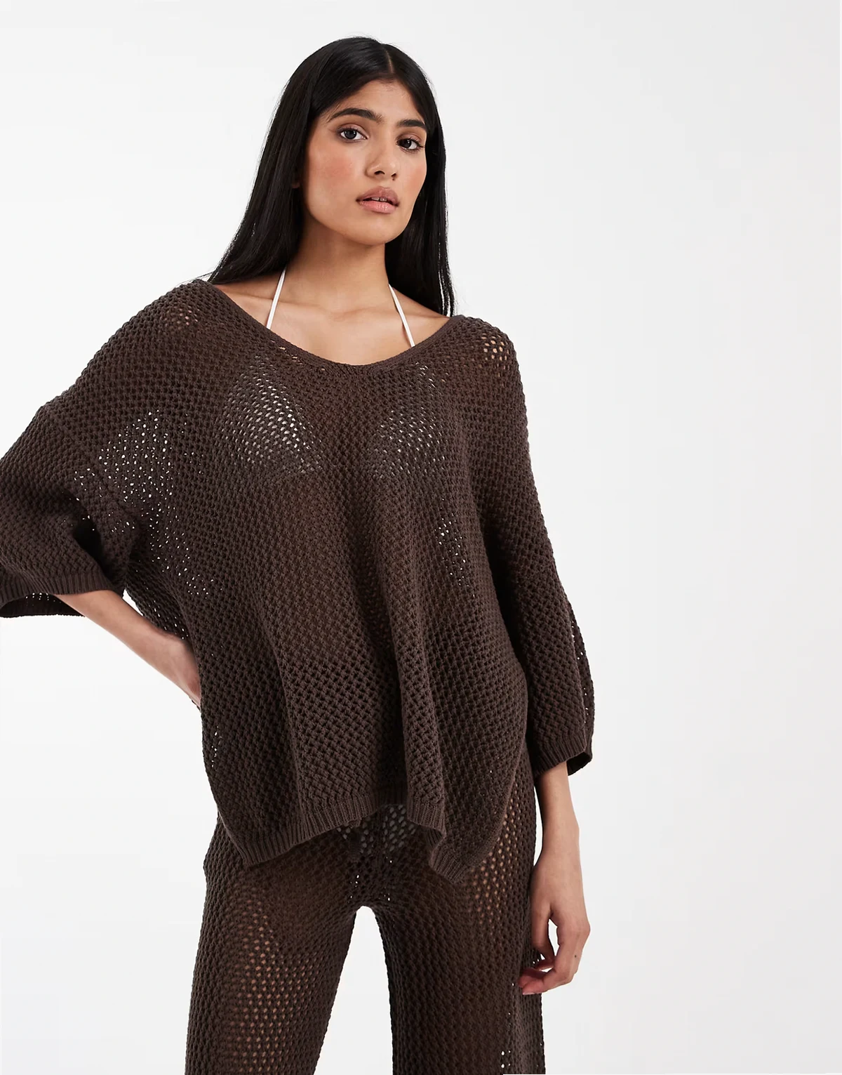 Beach knit hooded T-shirt in chocolate - part of a set