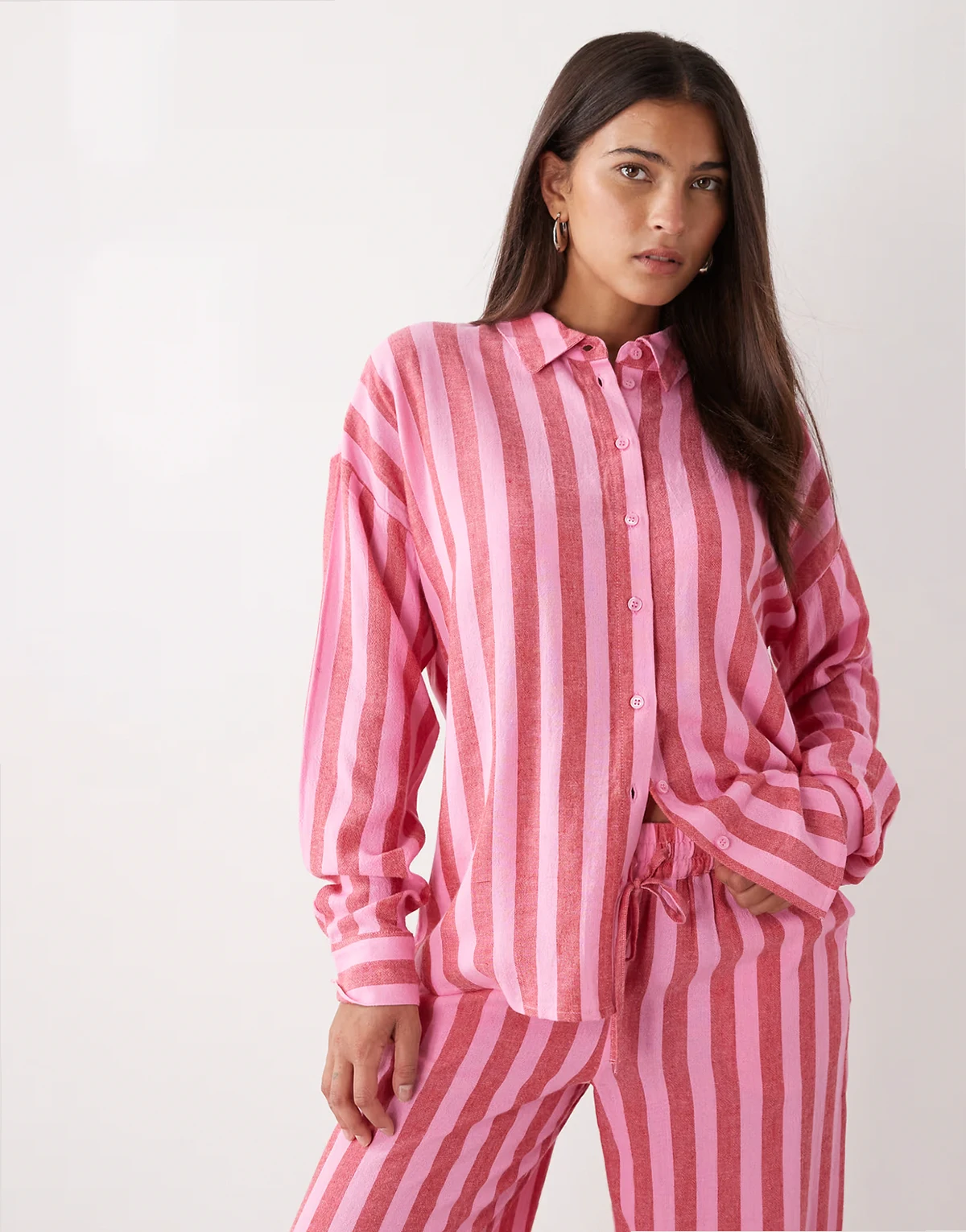 linen mix shirt in pink & red stripes - part of a set