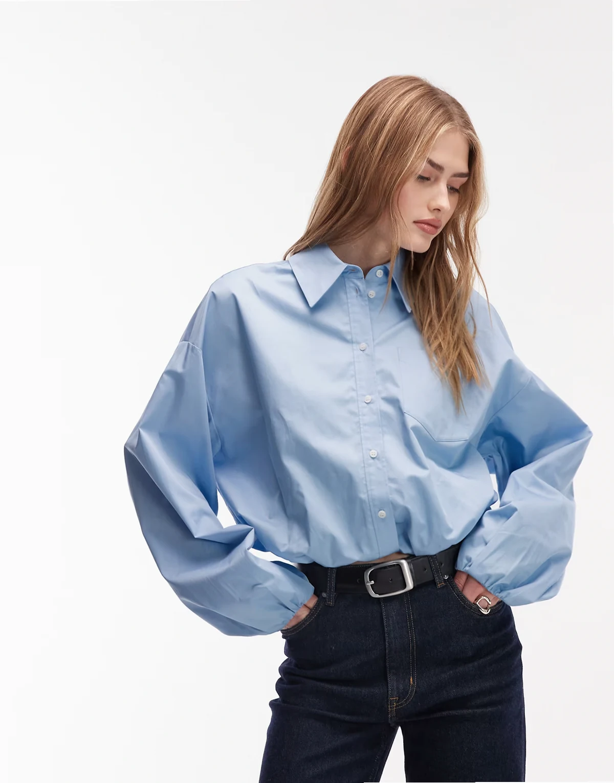 collared shirt with front elasticized drawstring waist in blue