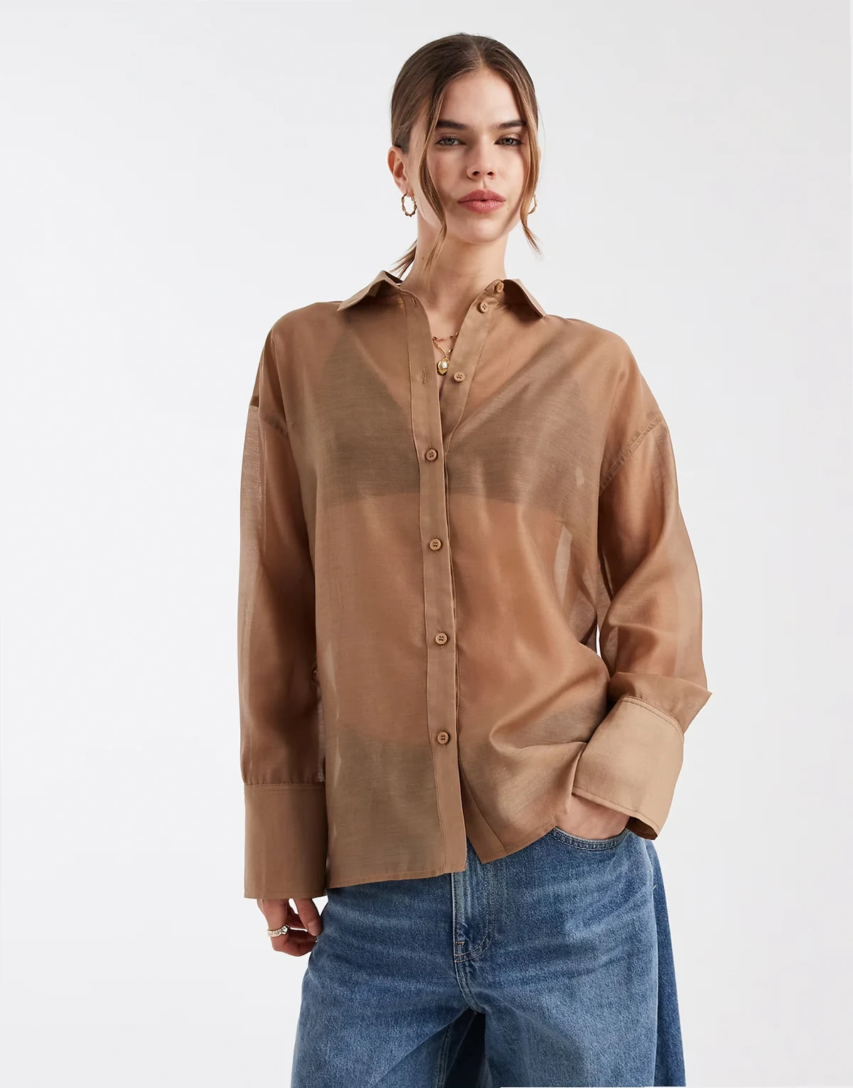 sheer deep cuffs shirt in taupe
