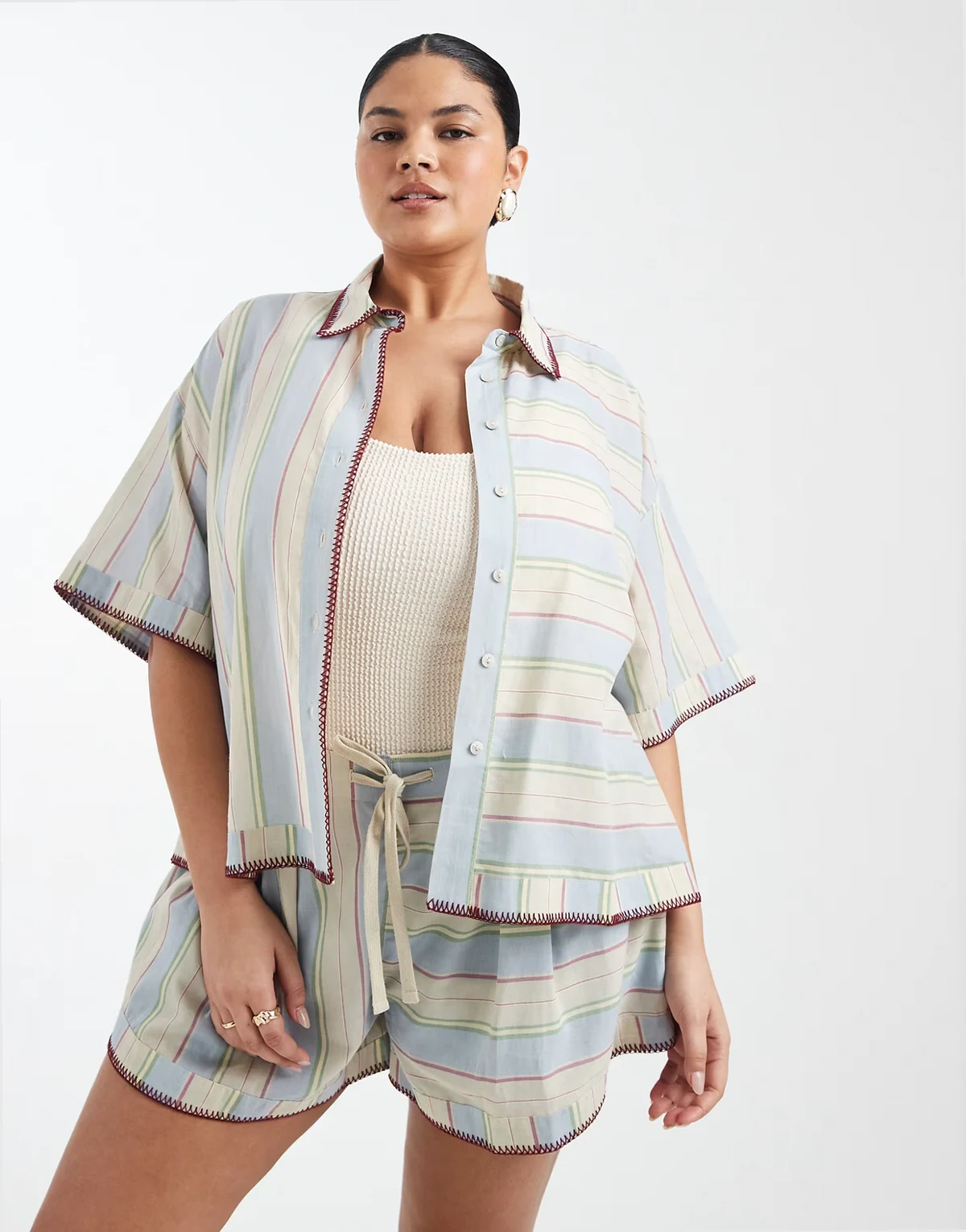 ASOS DESIGN Curve Sasha beach resort shirt with stitch detail in washed stripe - part of a set