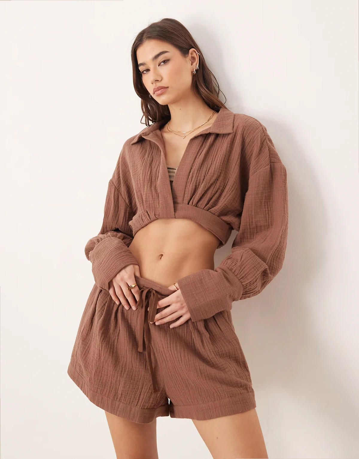 Callie cheesecloth wrap front beach shirt in mocha - part of a set