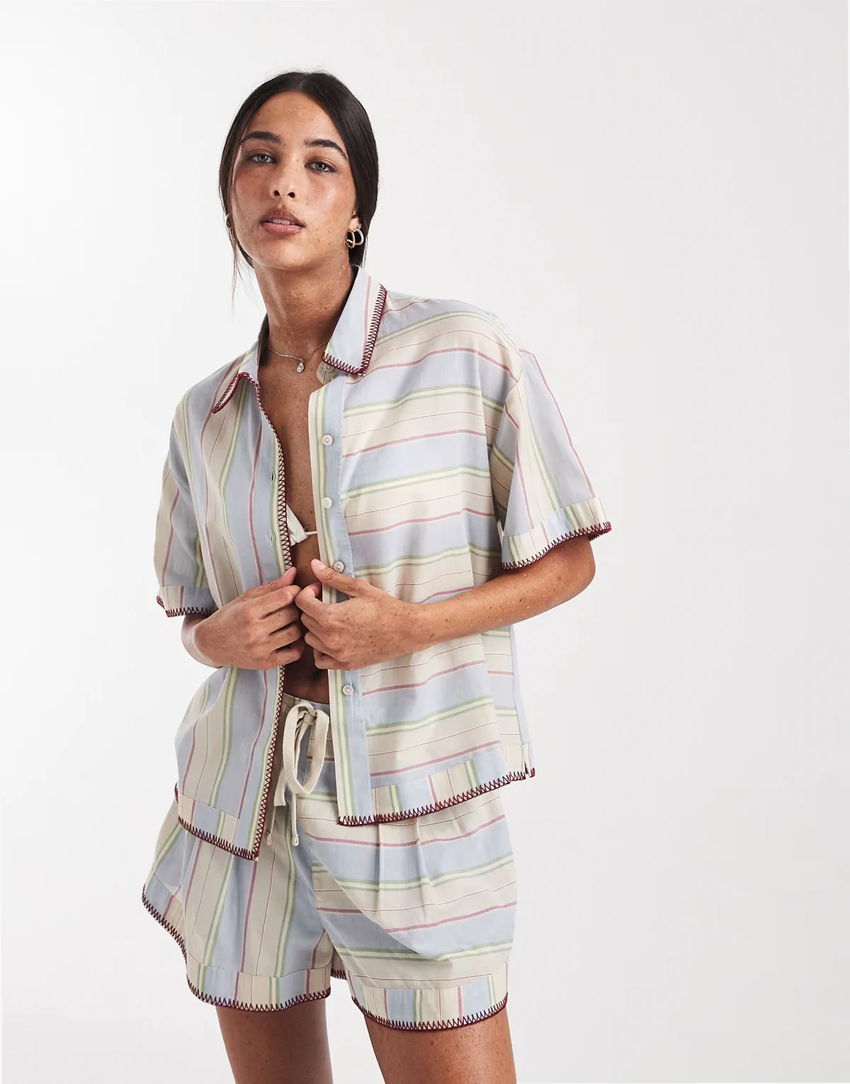 Sasha beach resort shirt with stitch detail in washed stripe - part of a set