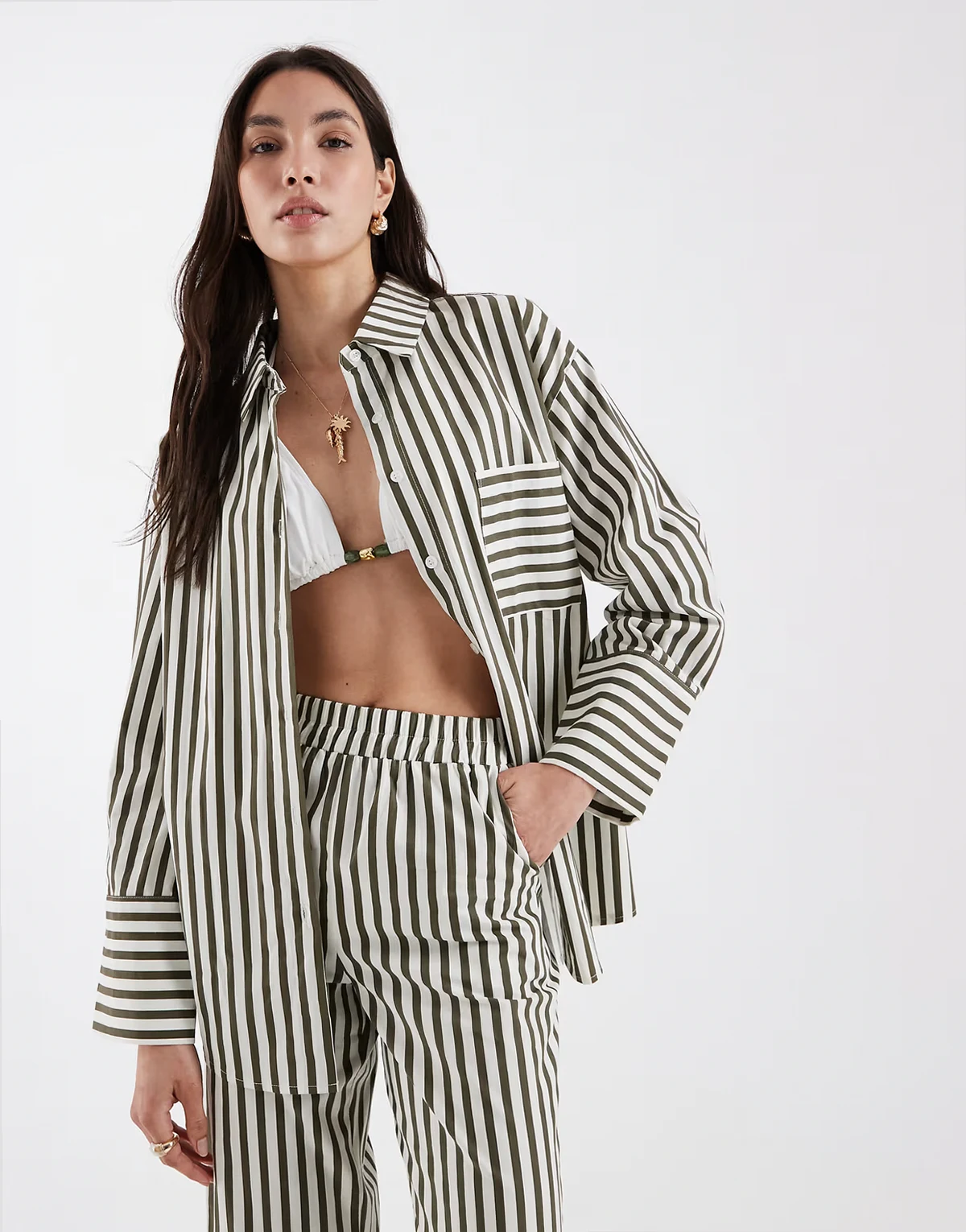 cotton pocket front oversized beach shirt in olive & white stripe - part of a set