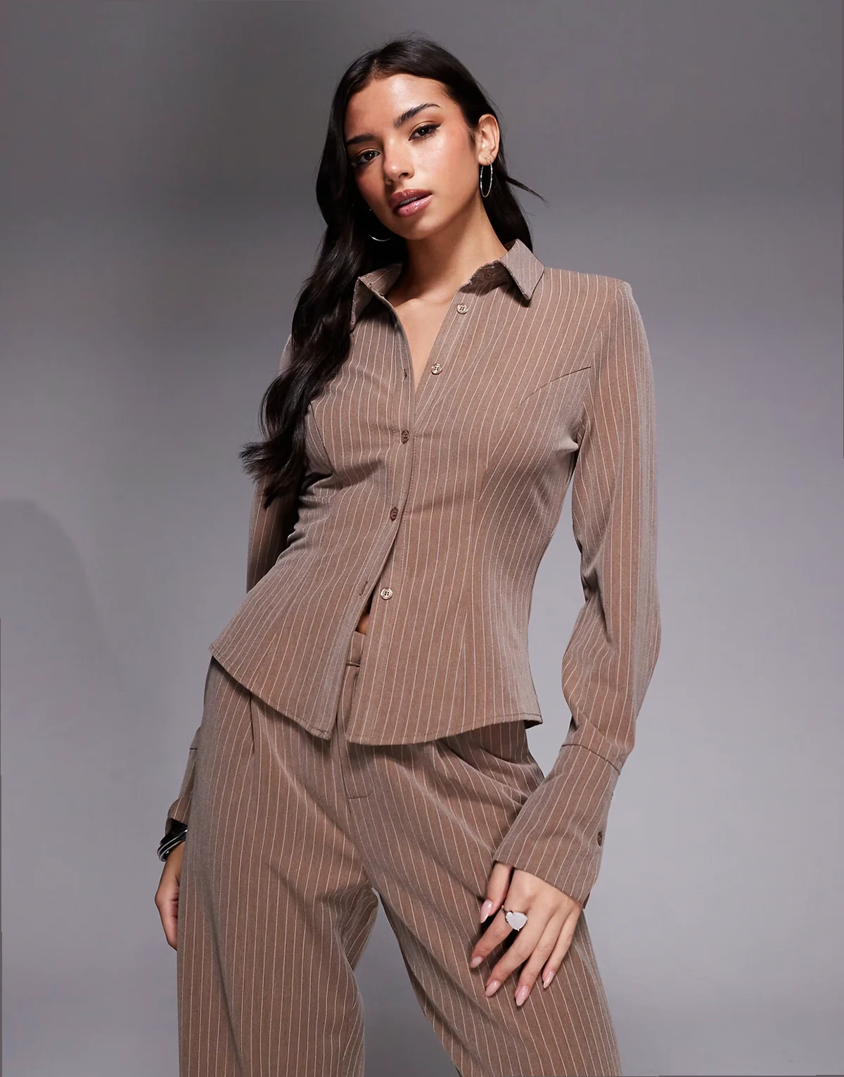 Exclusive button front fitted shirt in beige pinstripe - part of a set