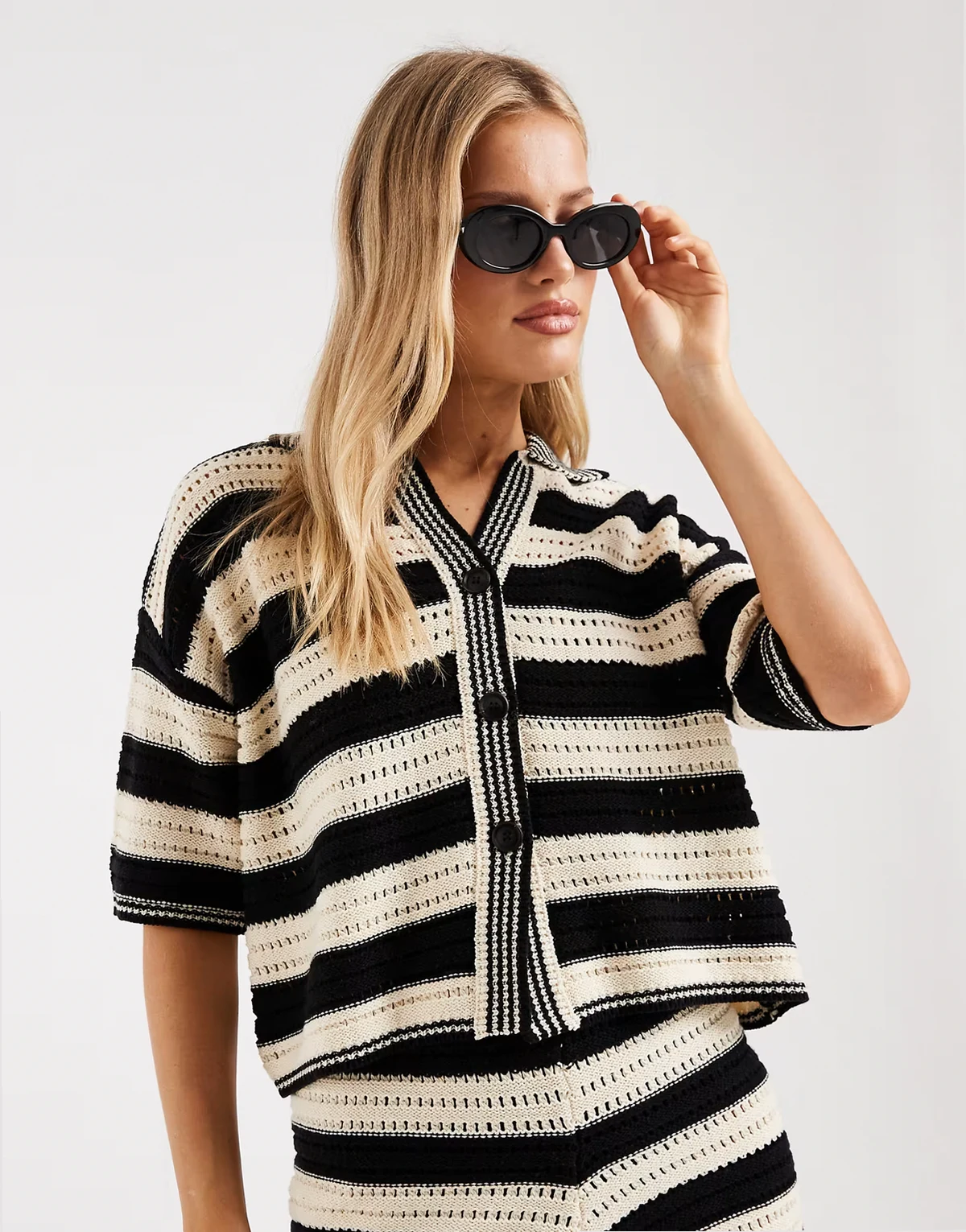 Sally knit button up beach top in black and cream stripes - part of a set