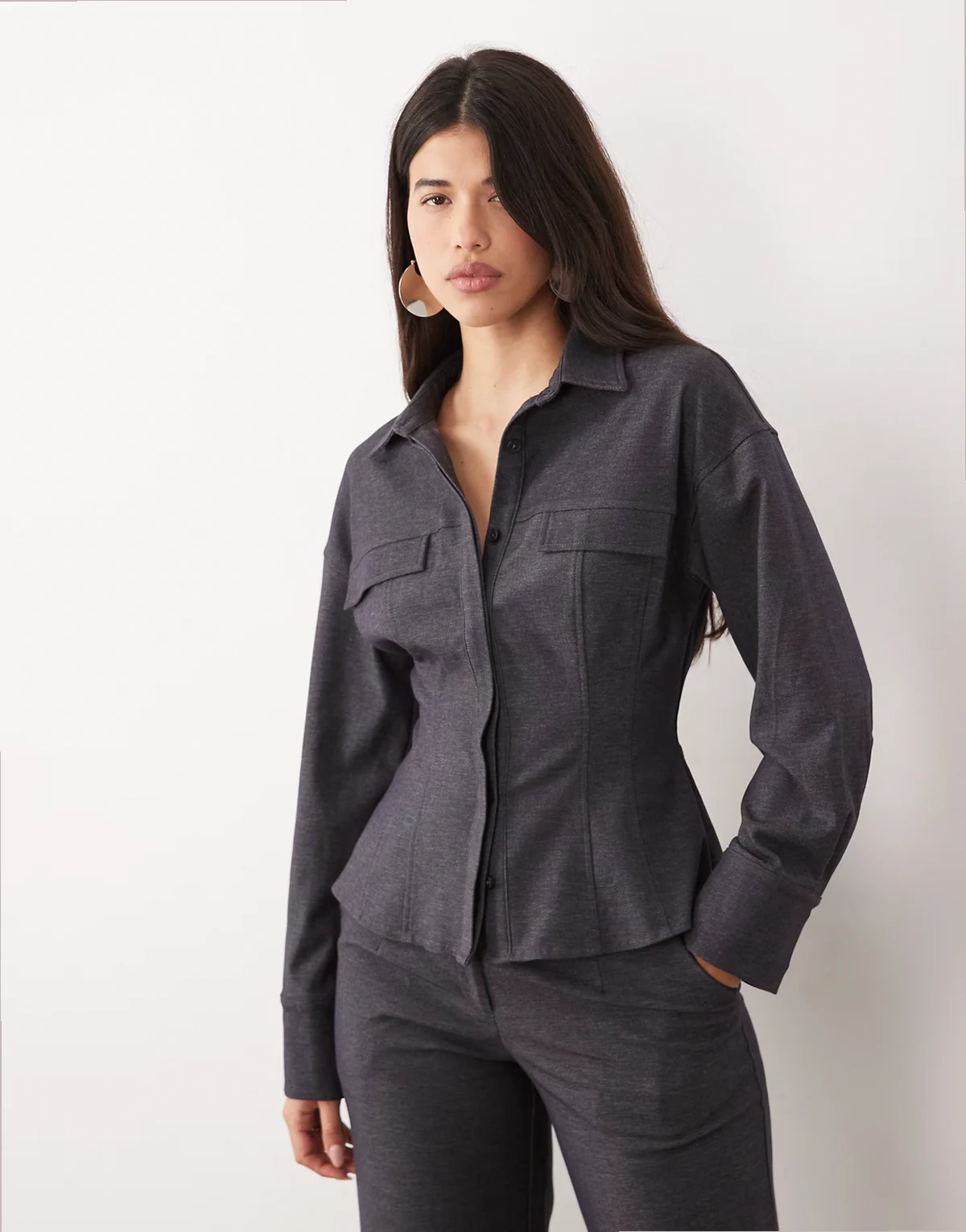 exclusive woven cinched waist seam detailing tailored stretch shirt in charcoal - part of a set