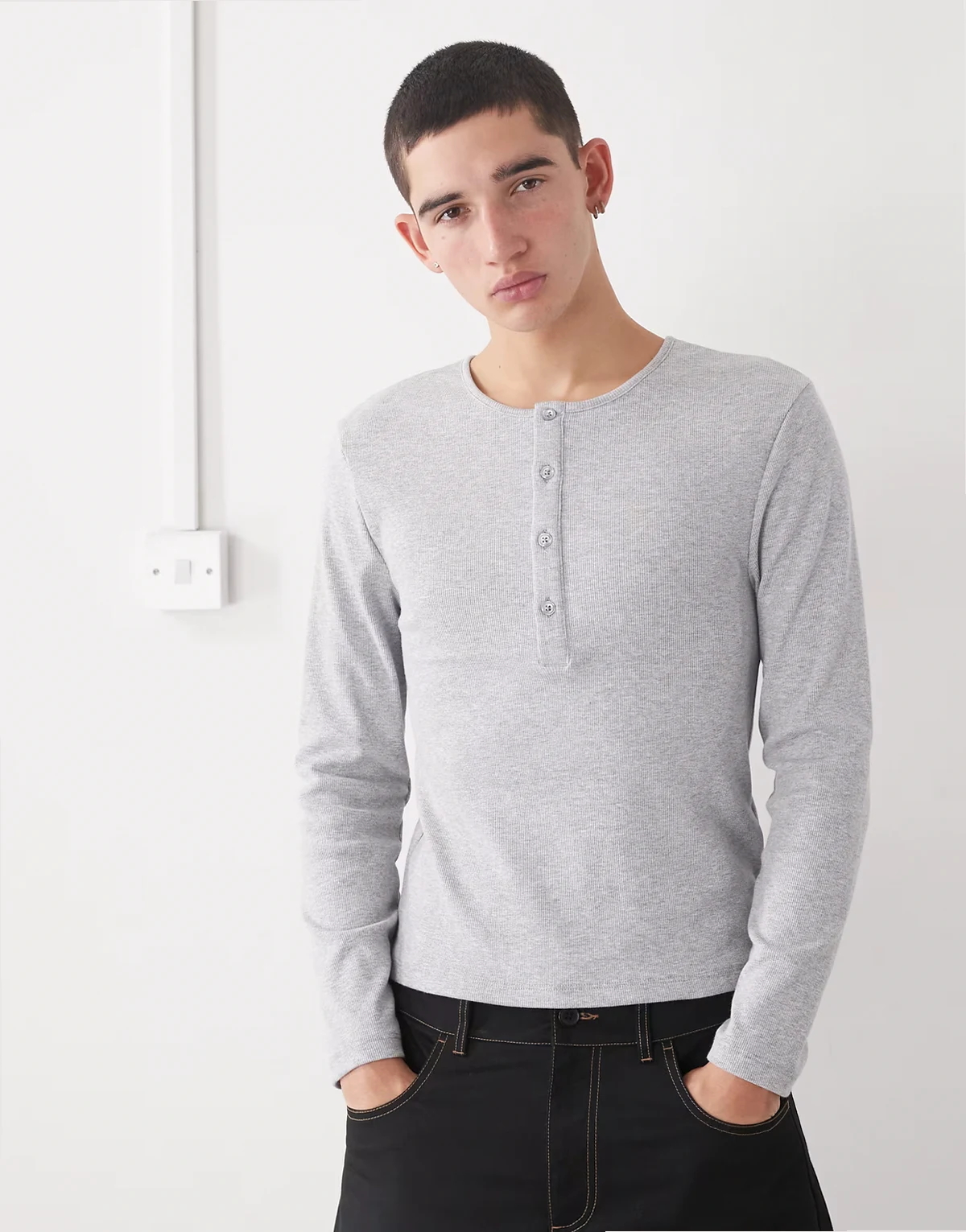 long sleeve ribbed Henley slim fit in gray heather