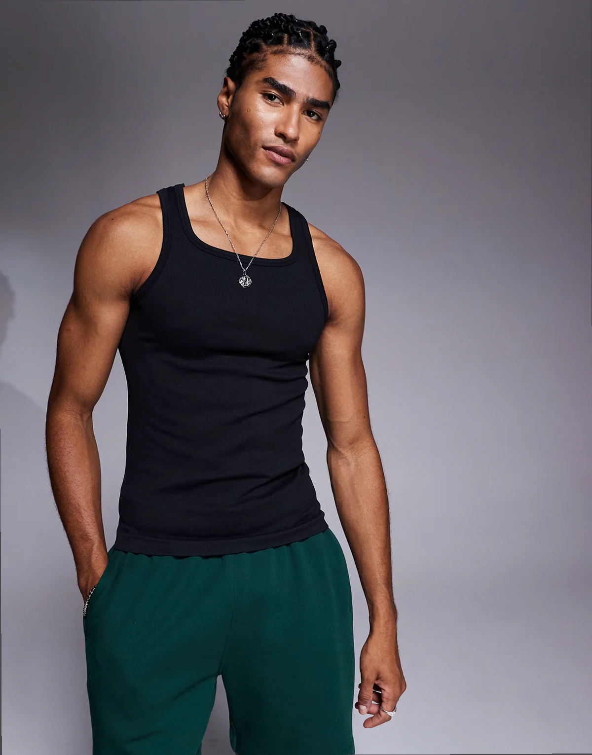 square neck slim fit seamless rib knit training tank top in black