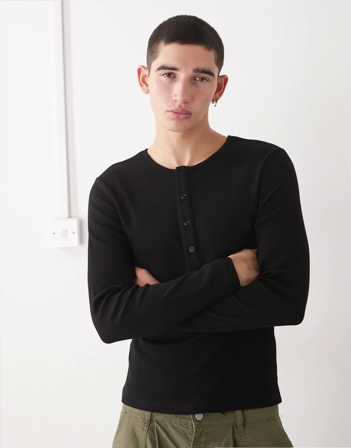 long sleeve rib Henley slim fit T-shirt in black
