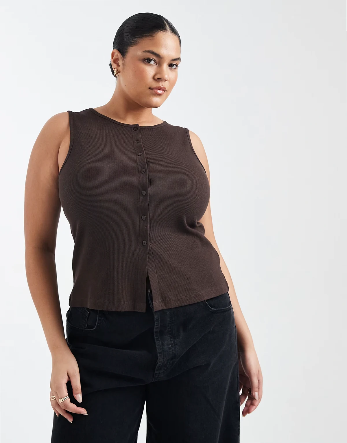 Brave Soul Curve button down vest in chocolate brown