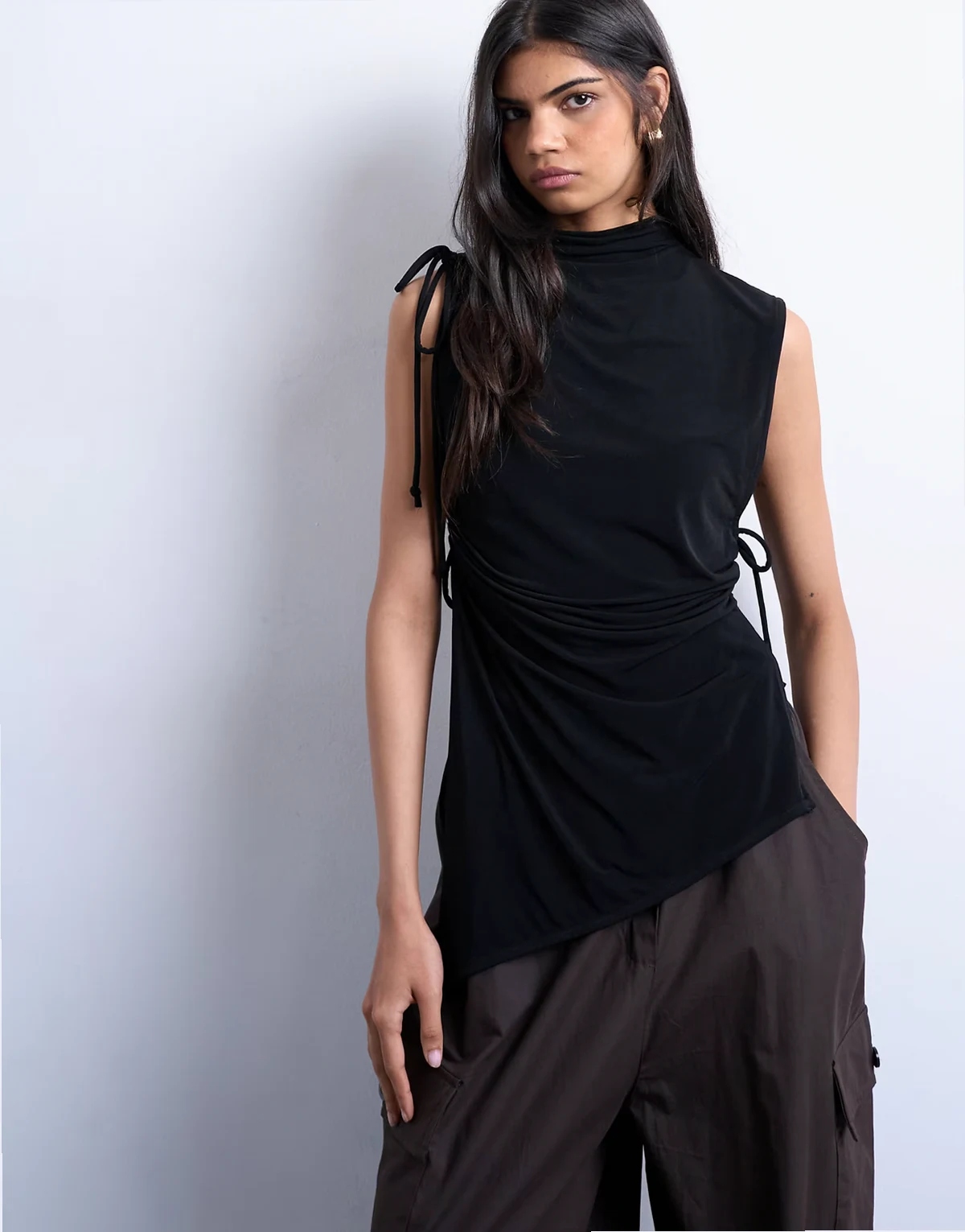 high neck ruched channel tunic top in black