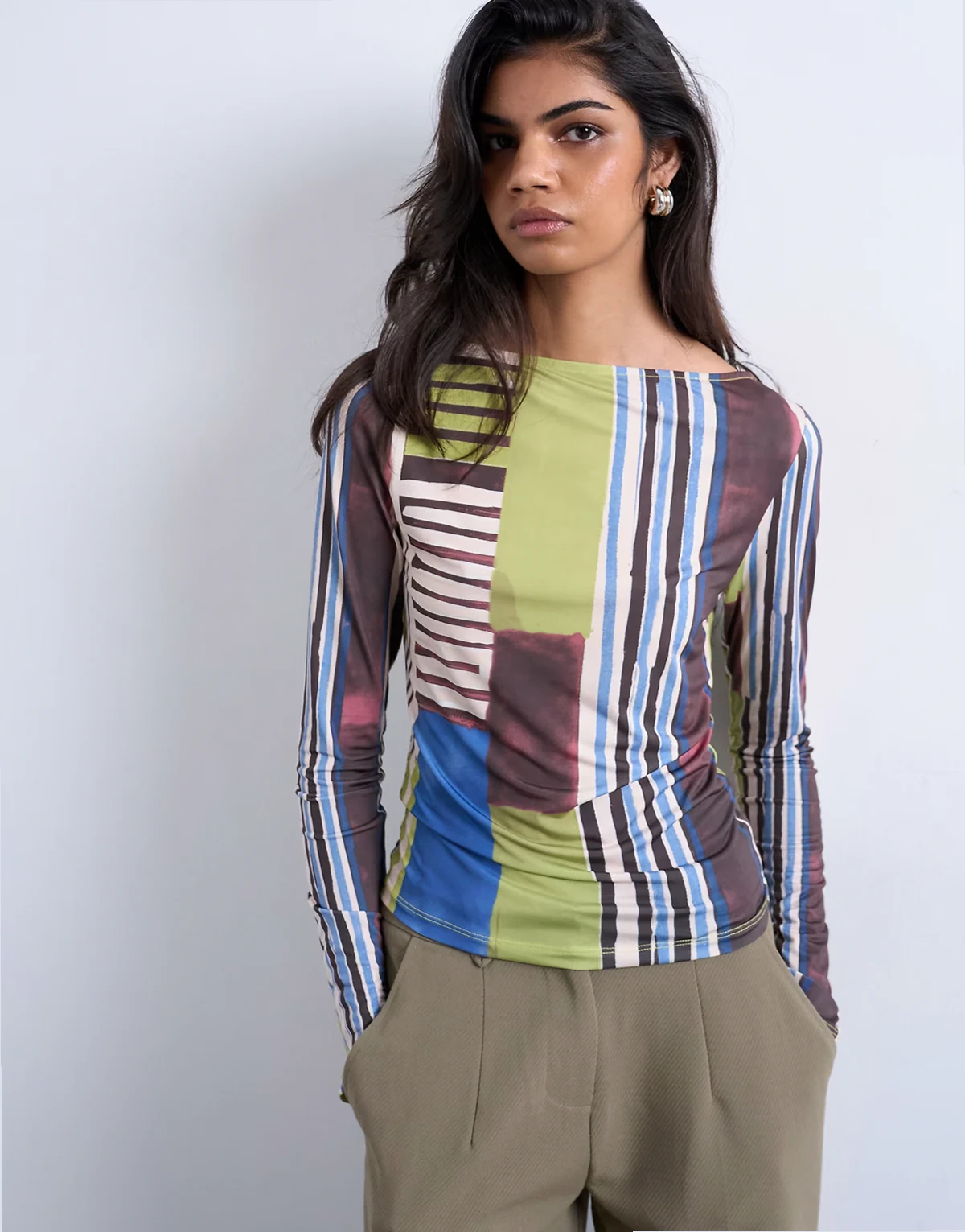 abstract striped print long sleeve microfiber top in multi