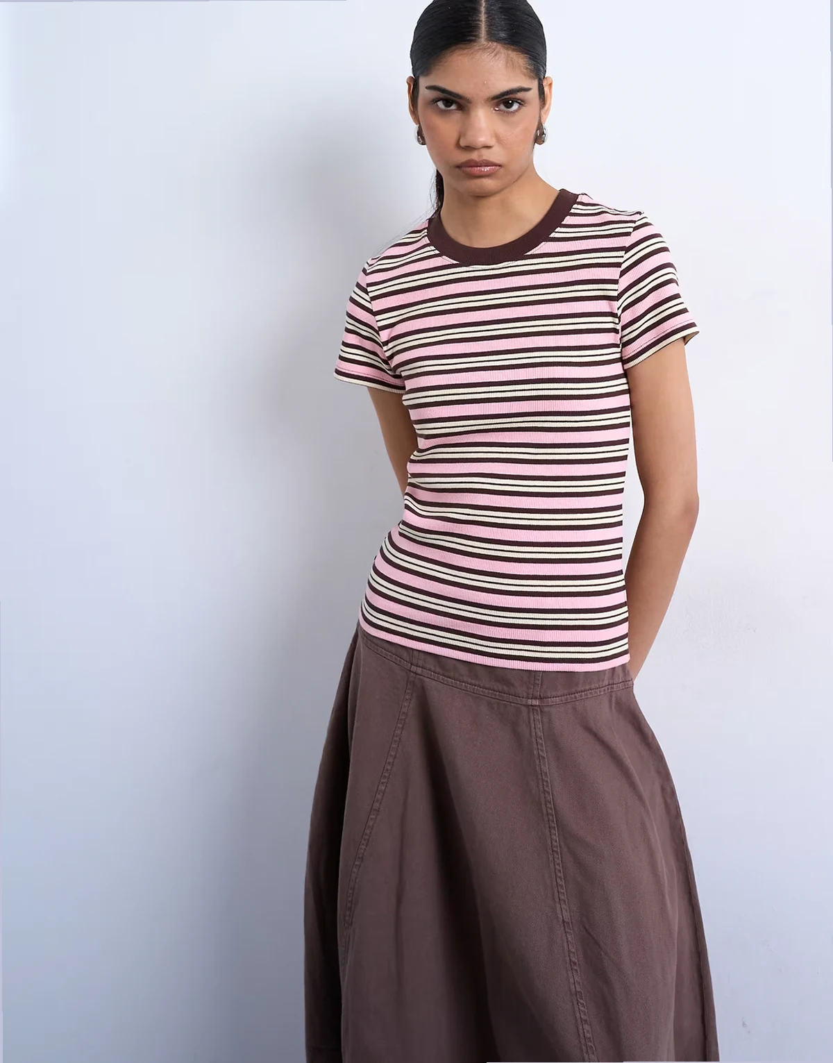 striped ribbed short sleeve tee in pink and brown