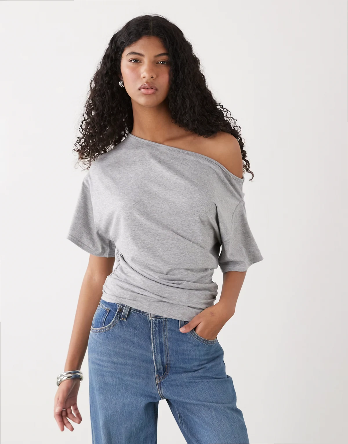 off the shoulder drapey top in heather gray