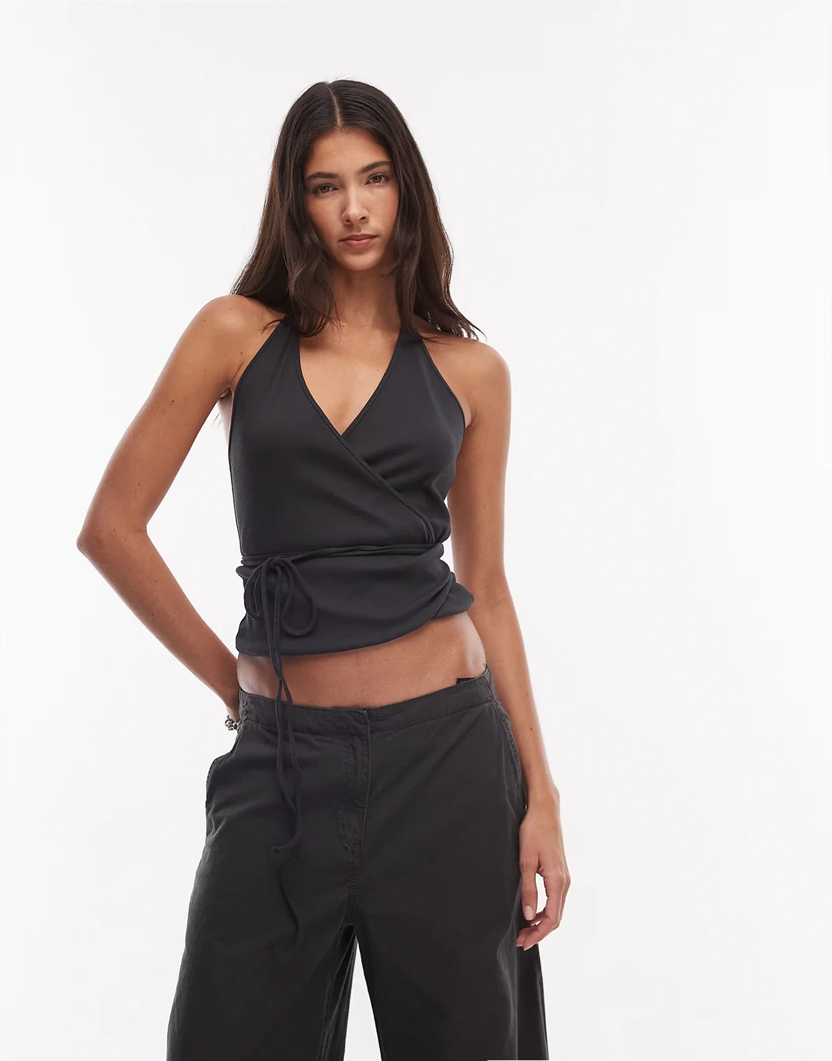 halter neck wrap top in off black