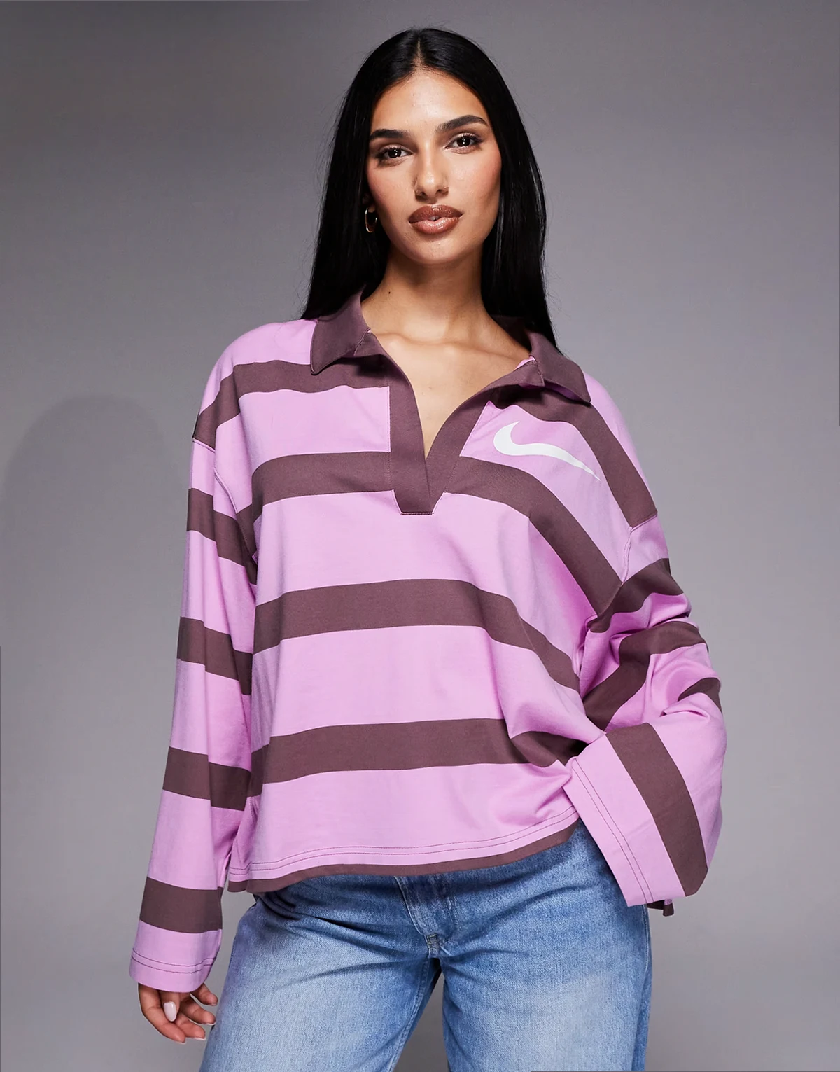 striped long sleeve polo top in brown and pink