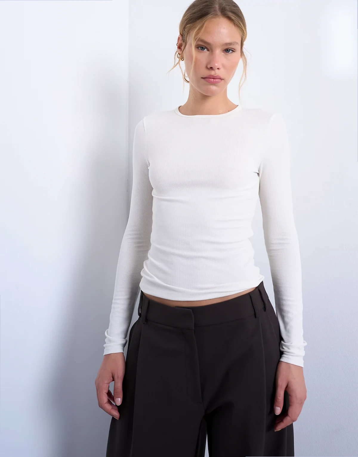 premium rib long sleeve top in ecru