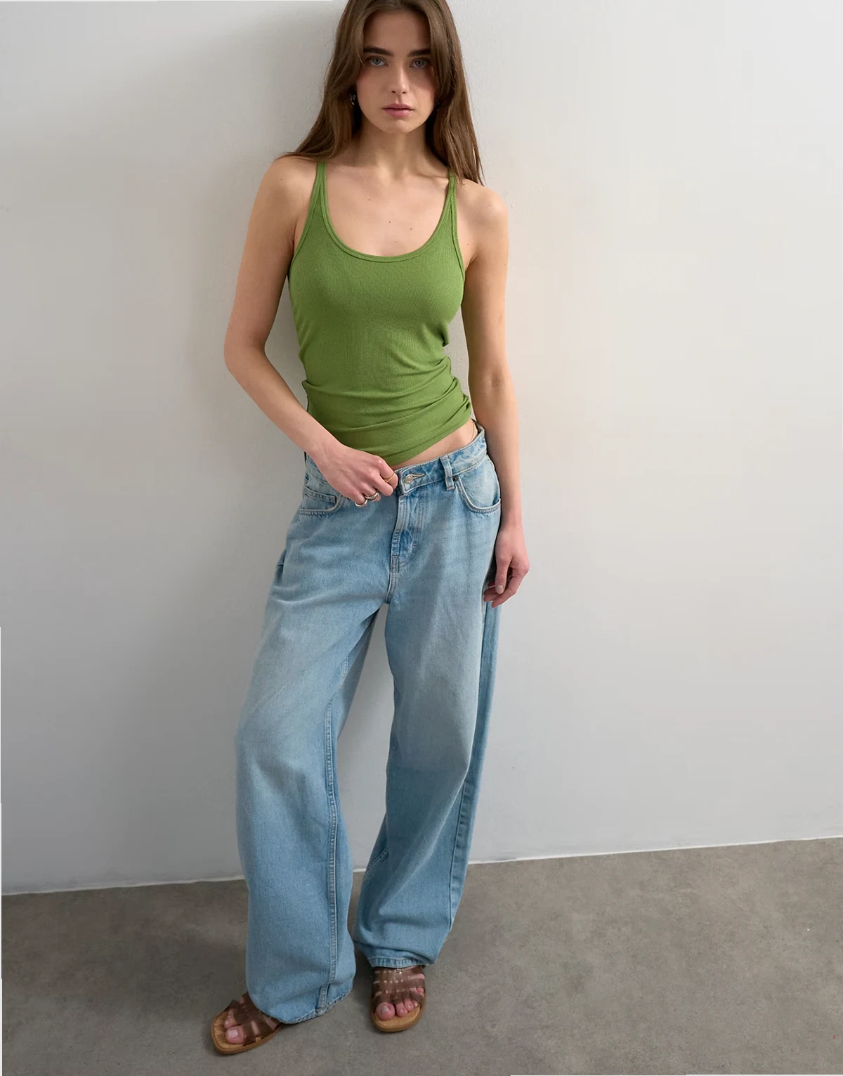 premium spaghetti strap scoop neck racer back tank top in green