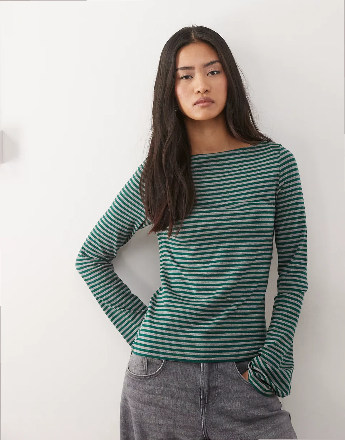 Annie soft boat neck long sleeve top in dark green and gray stripe exclusive to ASOS