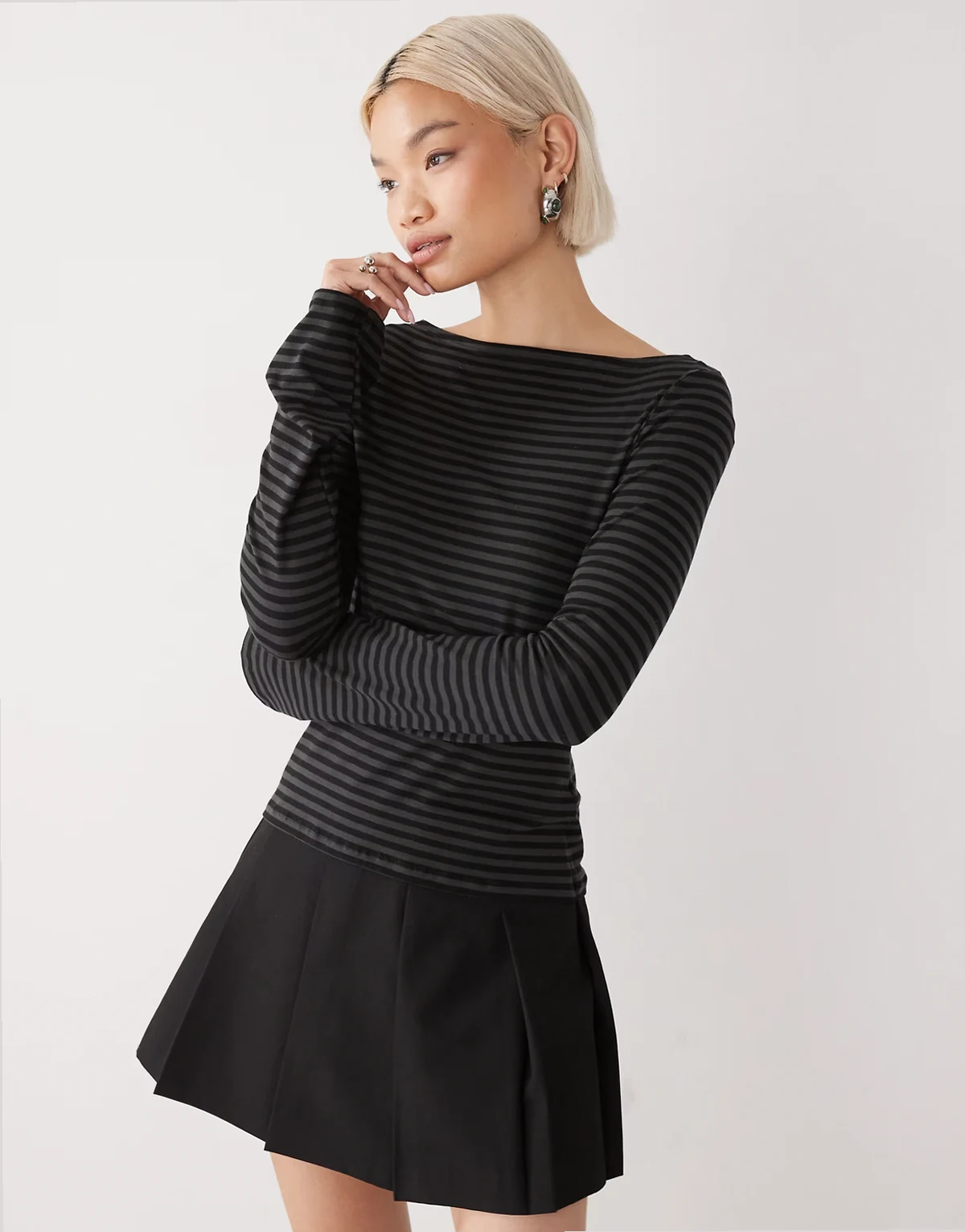 Annie super soft boat neck long sleeve top in dark gray & black stripes