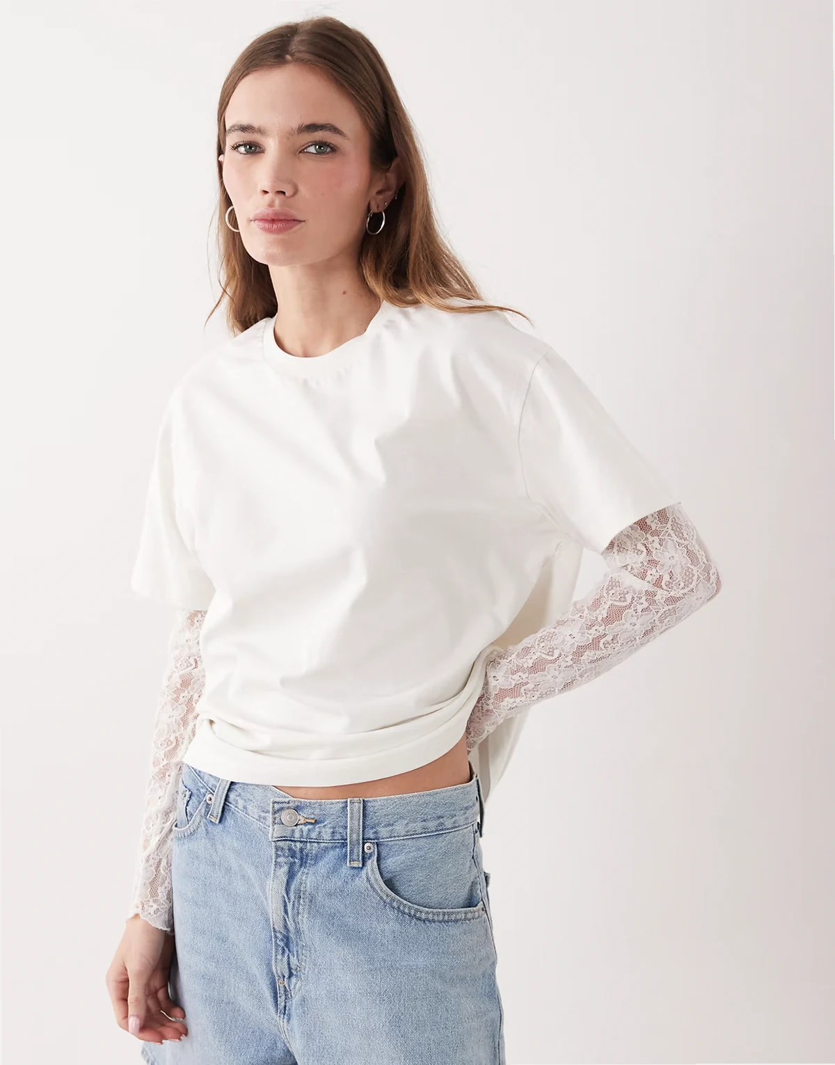 oversized t-shirt with lace sleeves in cream