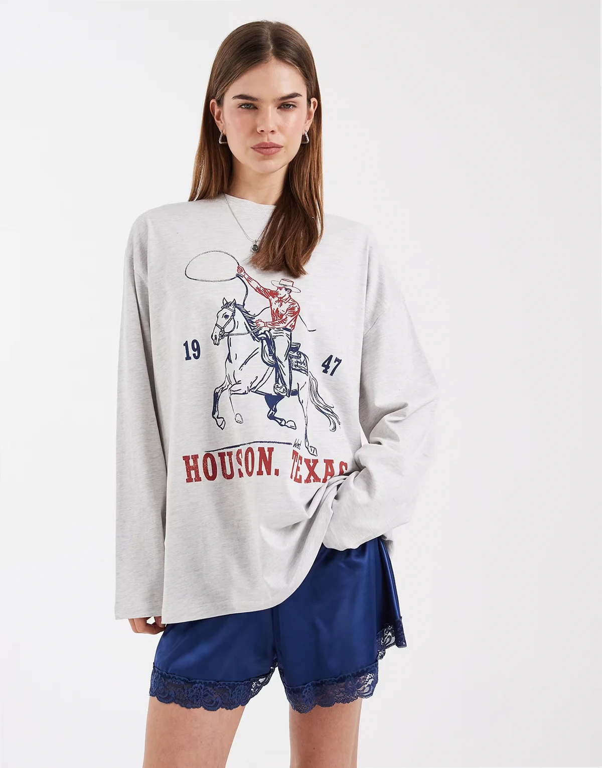 – Langärmliges T-Shirt in Eisgrau meliert mit Texas-Grafik