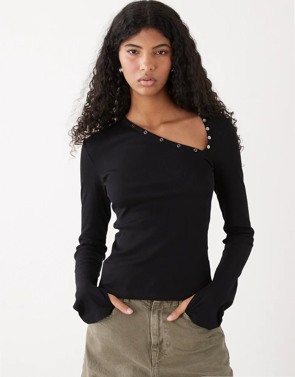 asymmetric snap button detailing long sleeve top in black