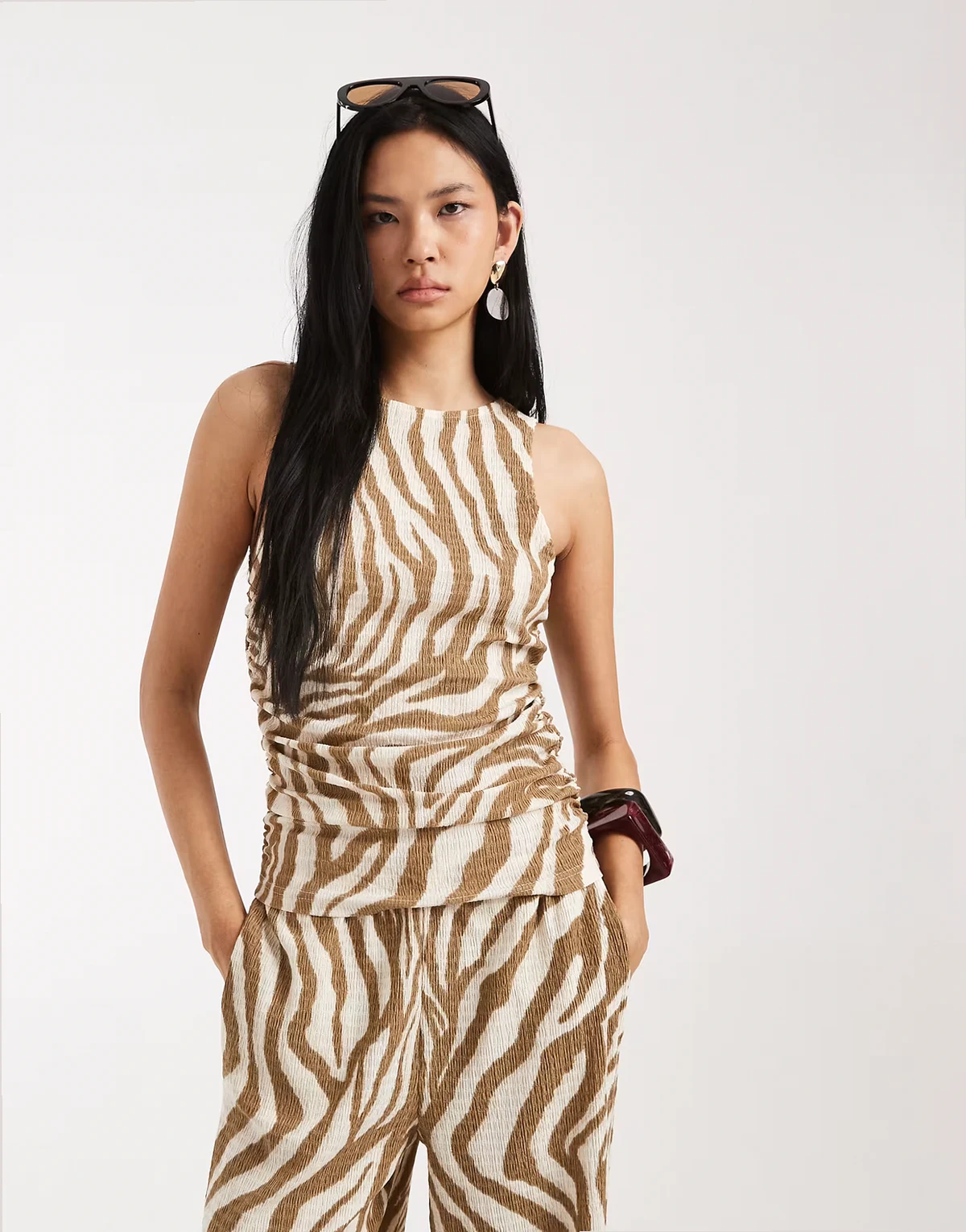 sleeveless ruched jersey top in birch abstract print - part of a set