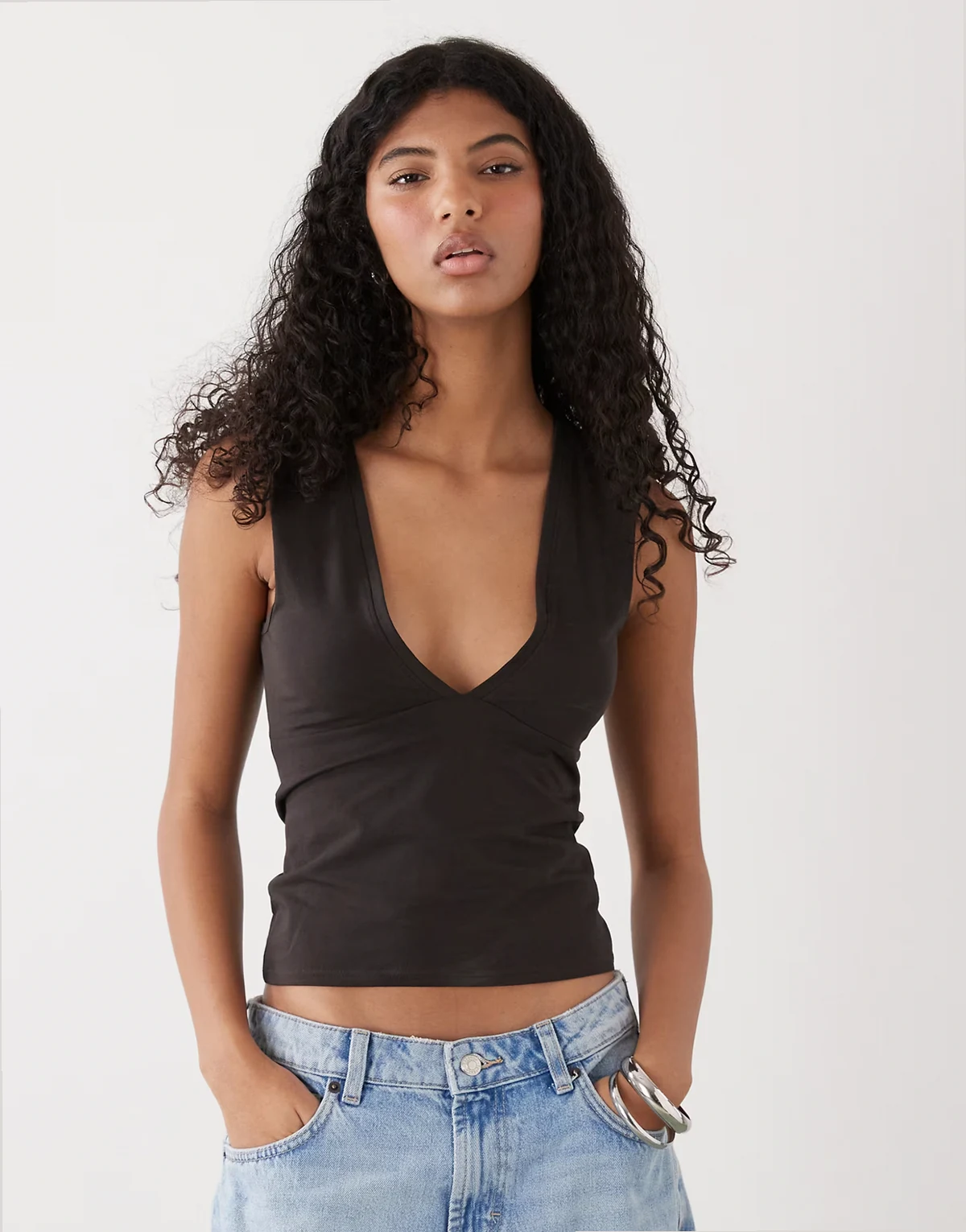 plunge v-neck top in dark brown