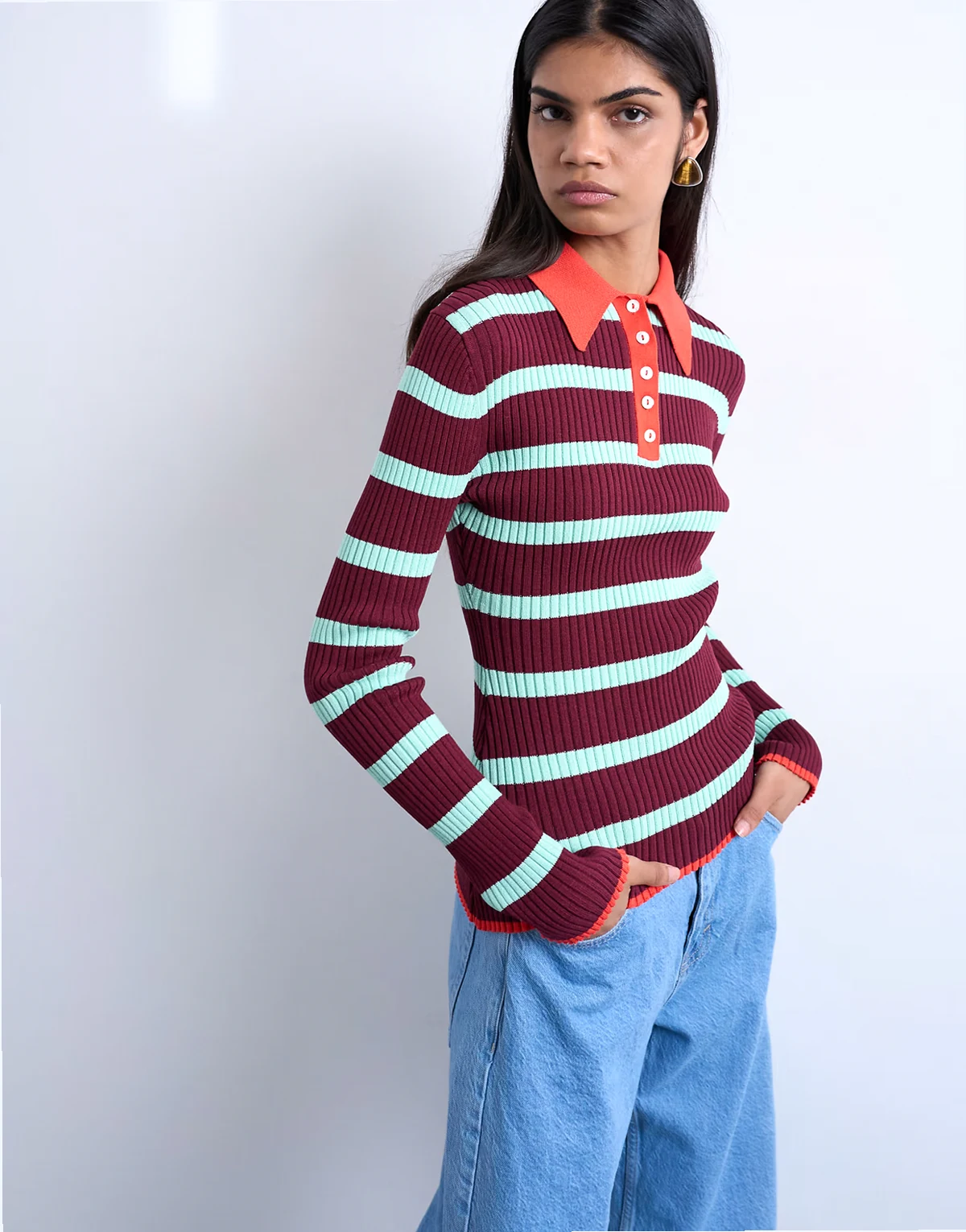 knit striped collar polo shirt in burgundy and green