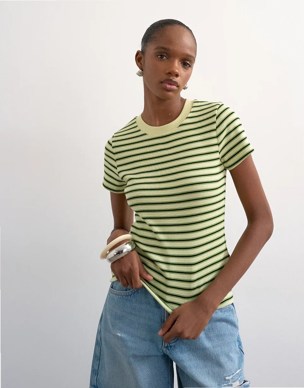 striped rib knit short sleeve tee in green