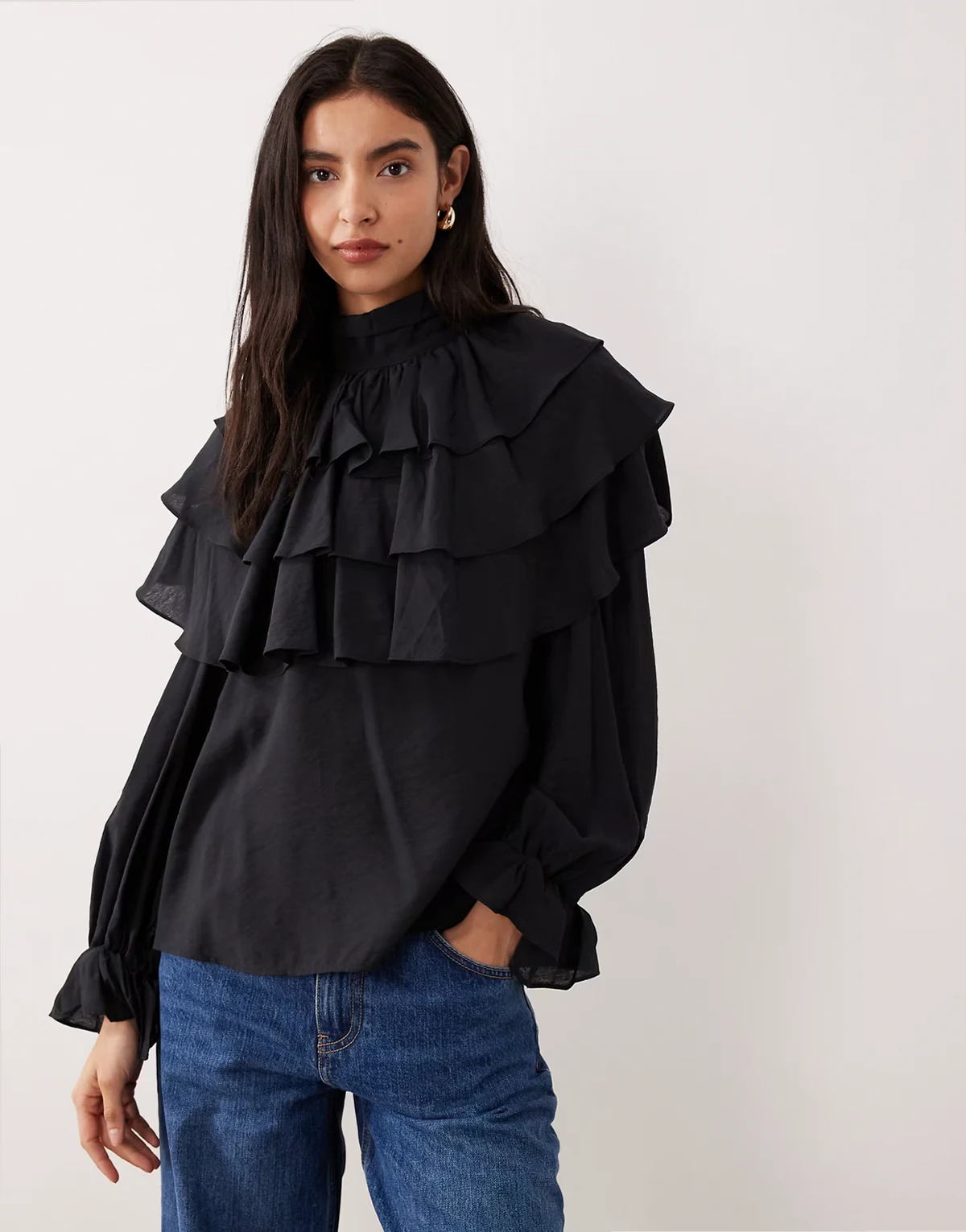 boho ruffle high neck blouse in black