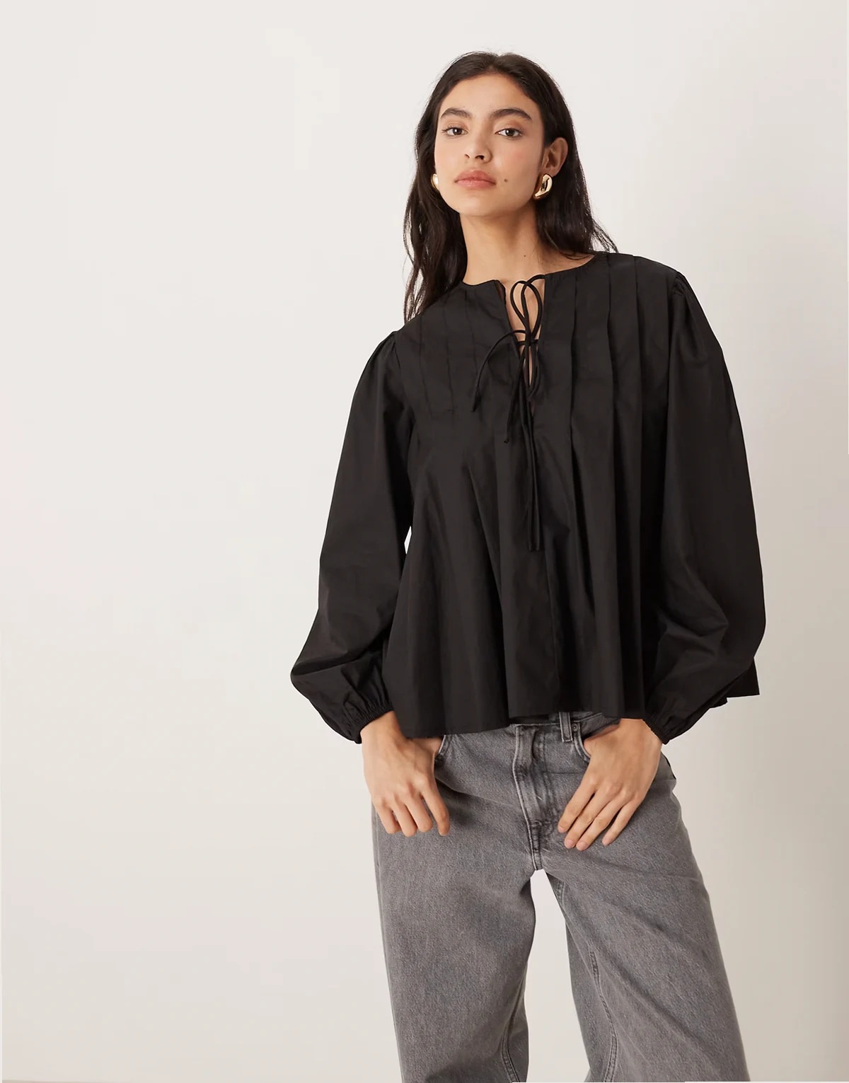 tie front long sleeve blouse in black