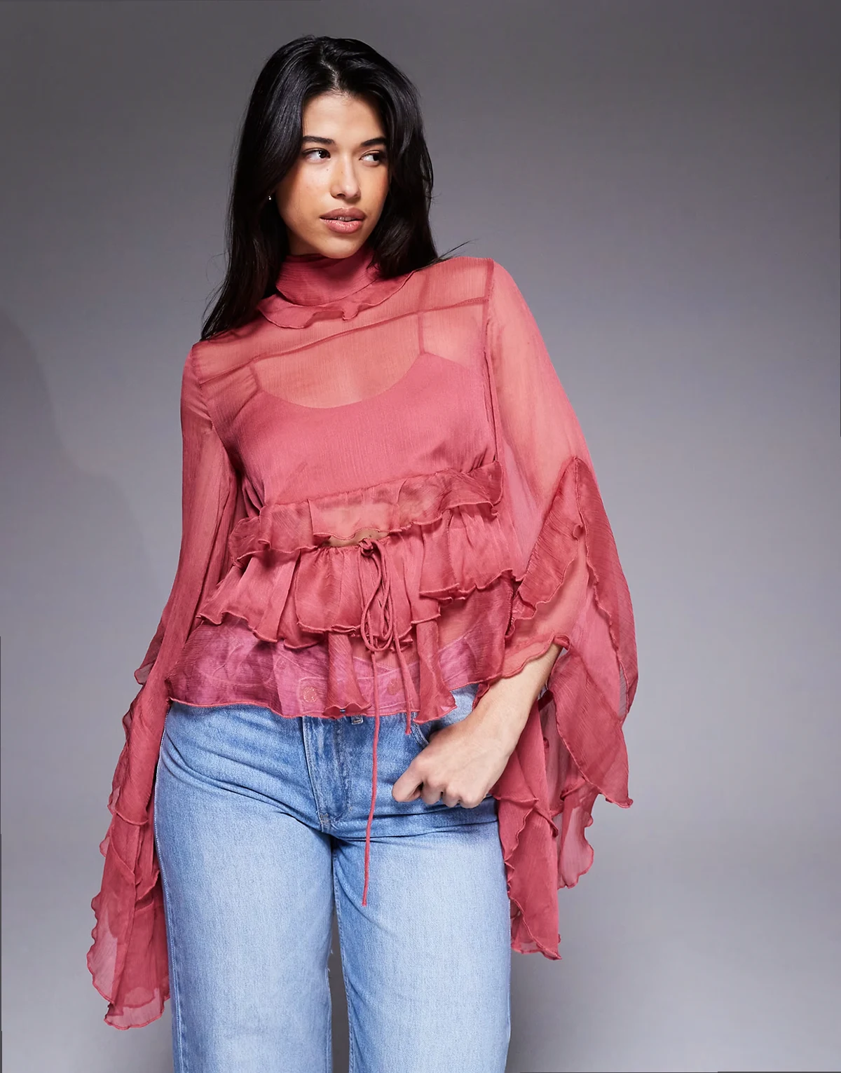 Anyssa sheer chiffon ruffle detailing bell sleeve cut out blouse in rose