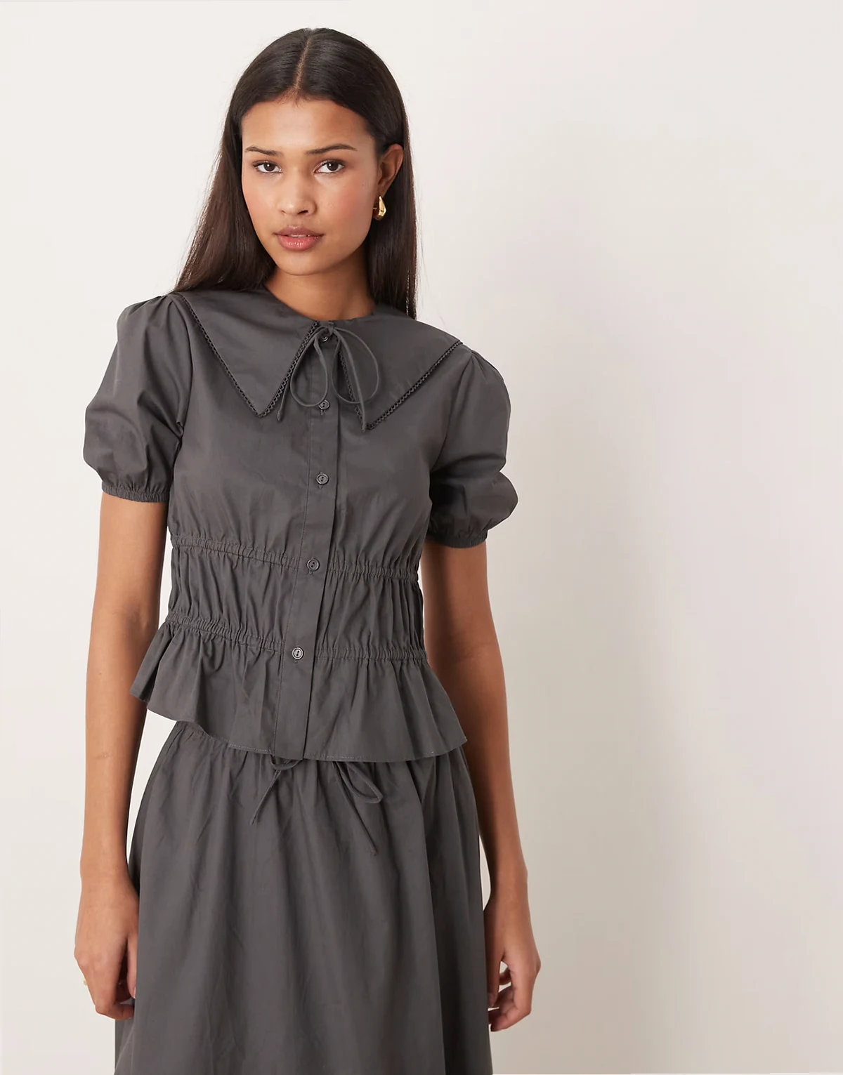 shirred ruched blouse in gunmetal gray