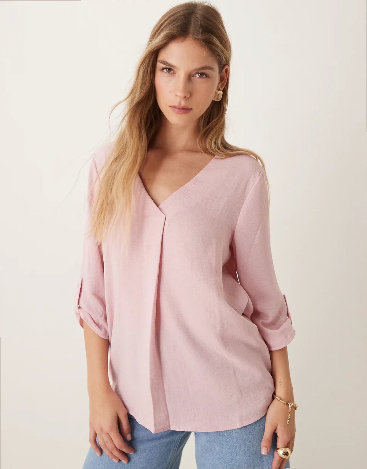 – Bluse in Hellrosa mit V-Ausschnitt