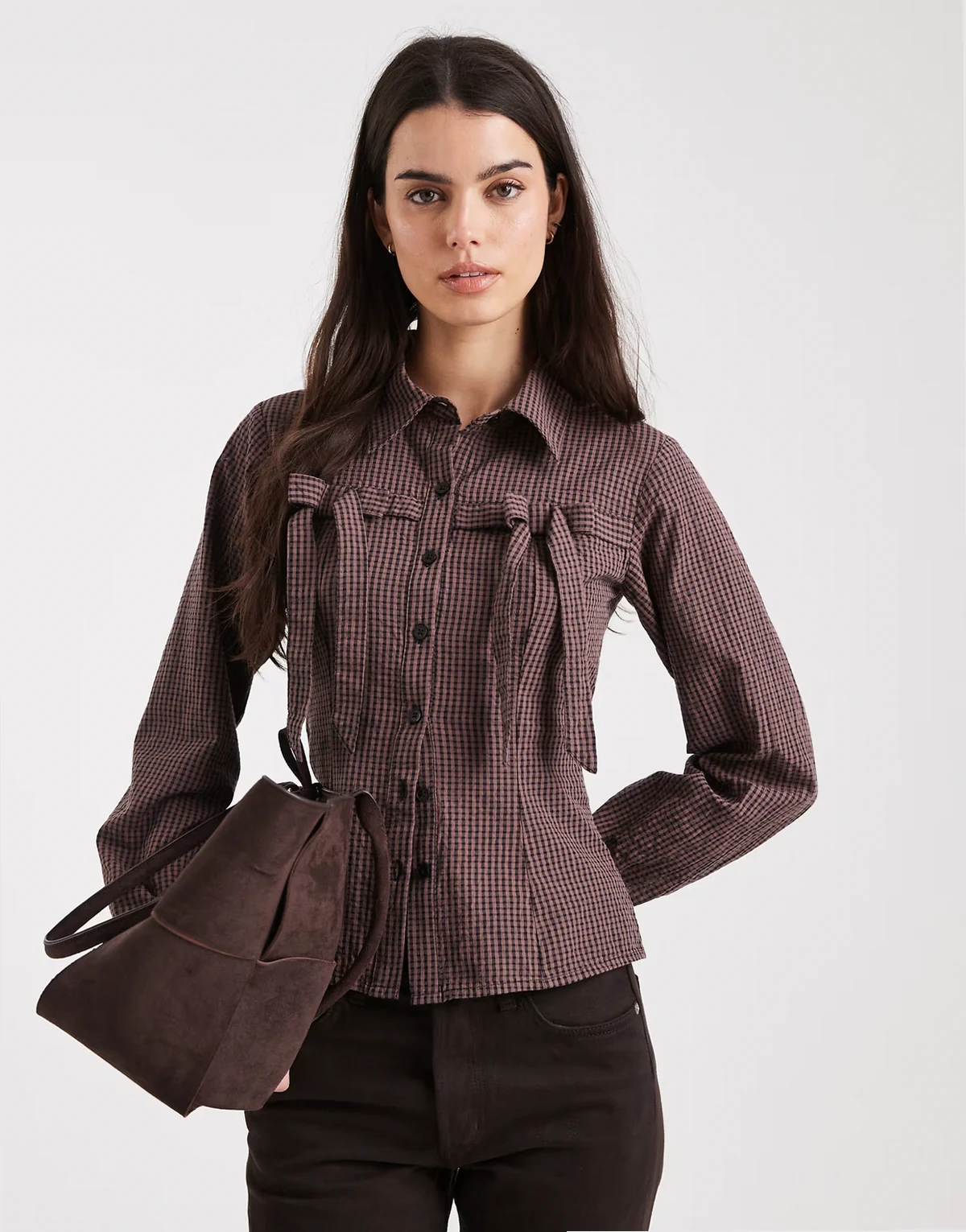 bow detail shirt in brown gingham