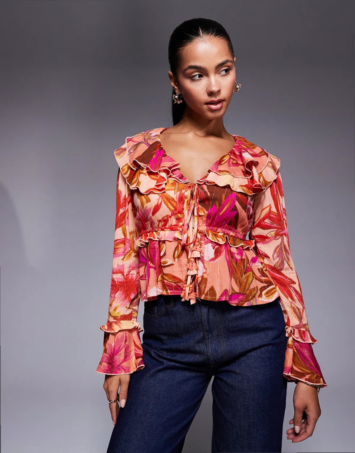 floral long sleeve sheer top in orange and red