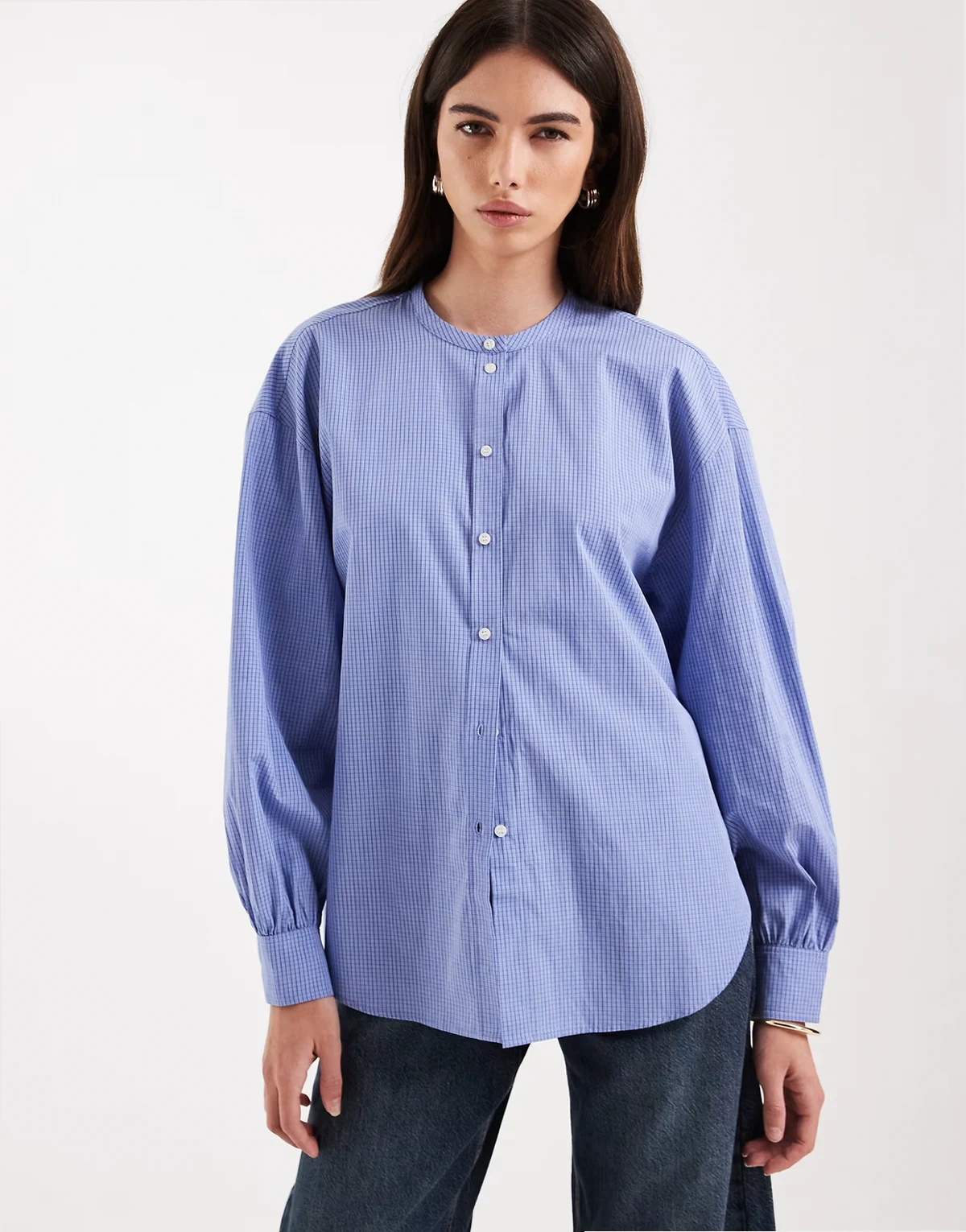 collarless check shirt with volume sleeves in blue check