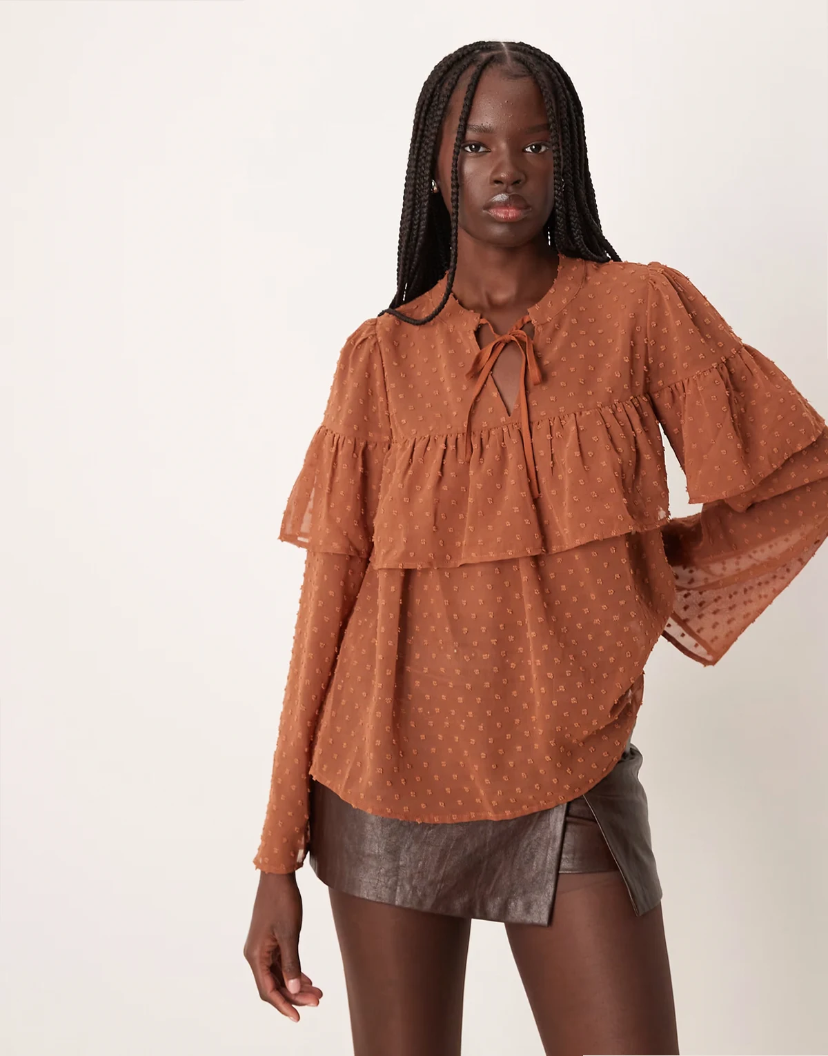 boho sheer textured blouse with ruffles in rust