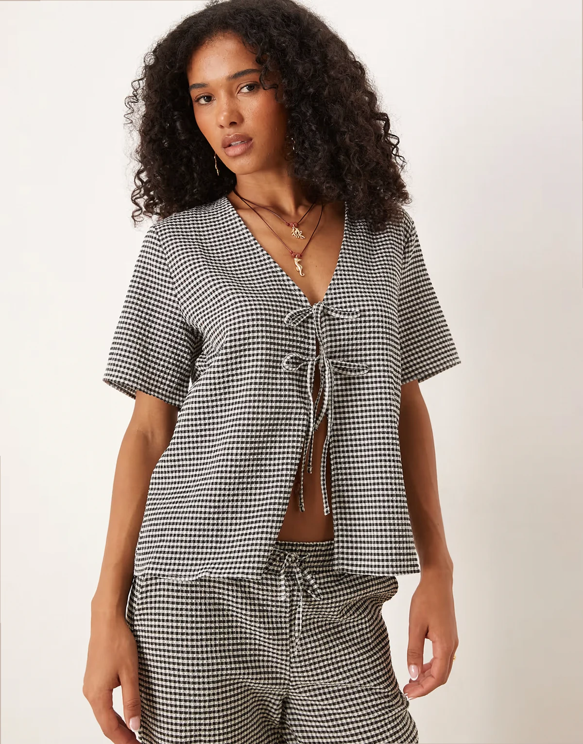 tie front seersucker top in black gingham - part of a set
