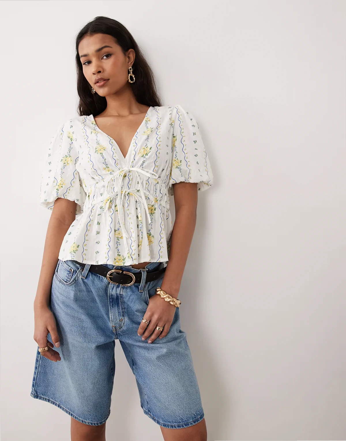 Cordelia tie detailing floral print peplum top in white