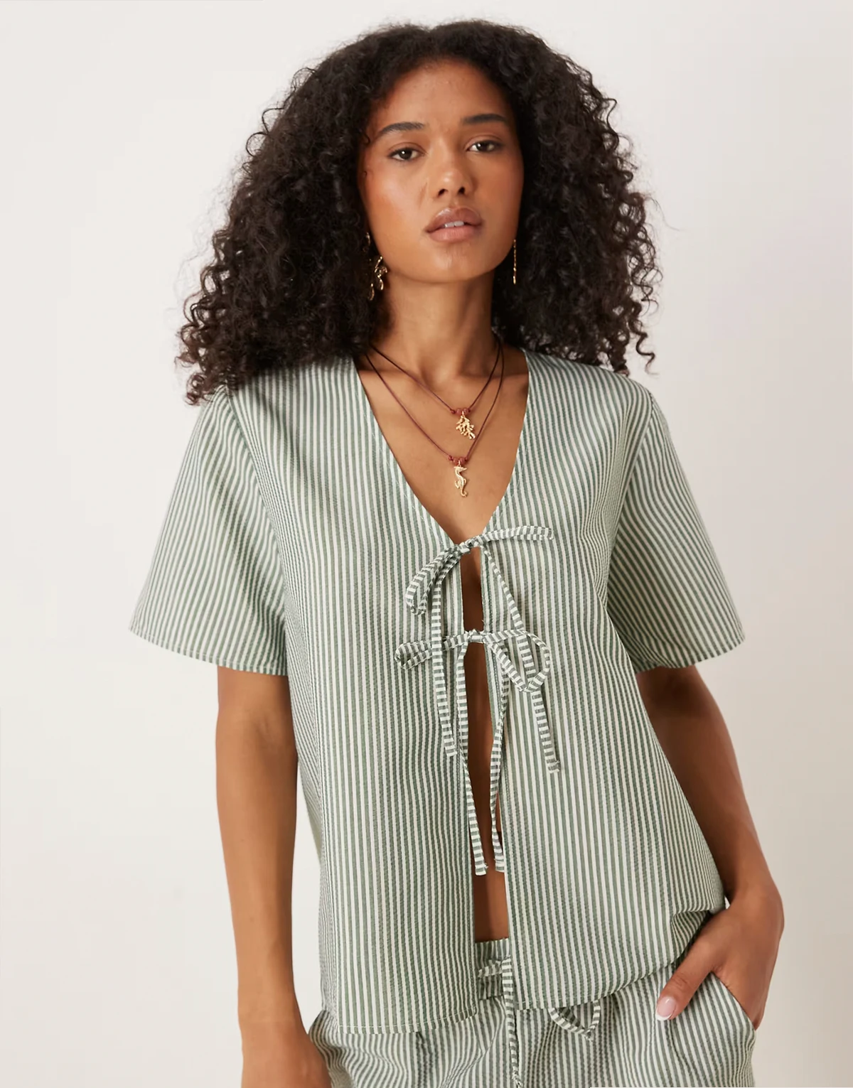 tie front seersucker top in green stripes - part of a set