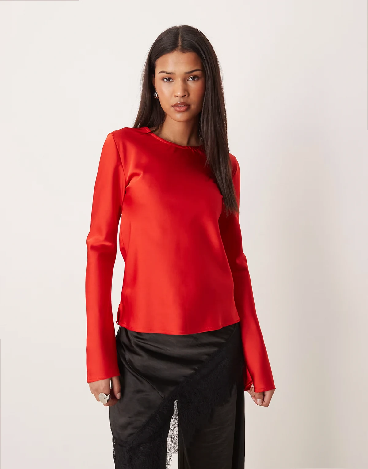 satin backless cowl tie neck top in red